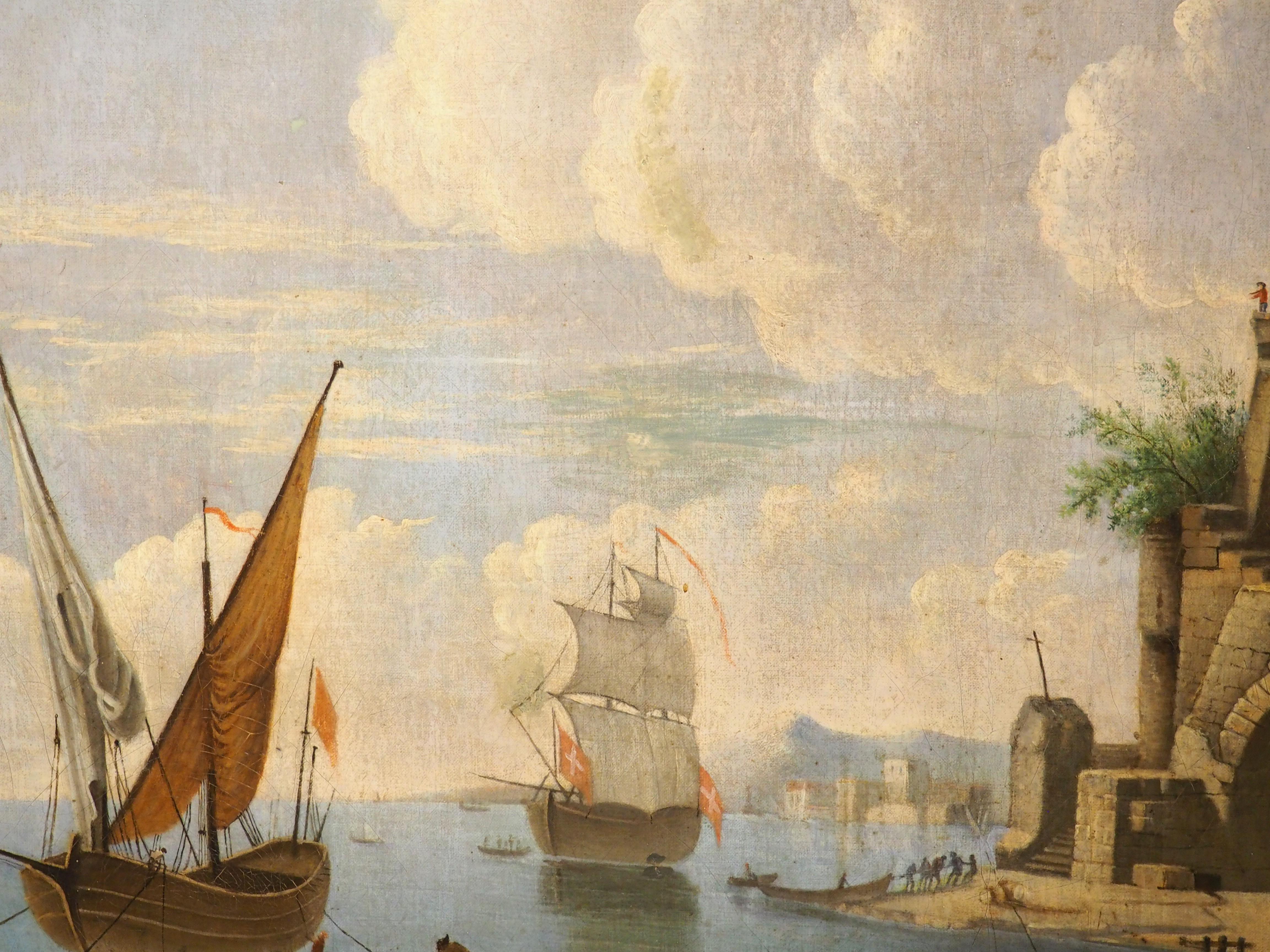Francese Pittura ad olio con scena portuale francese del XVIII secolo proveniente dalla Provenza in vendita