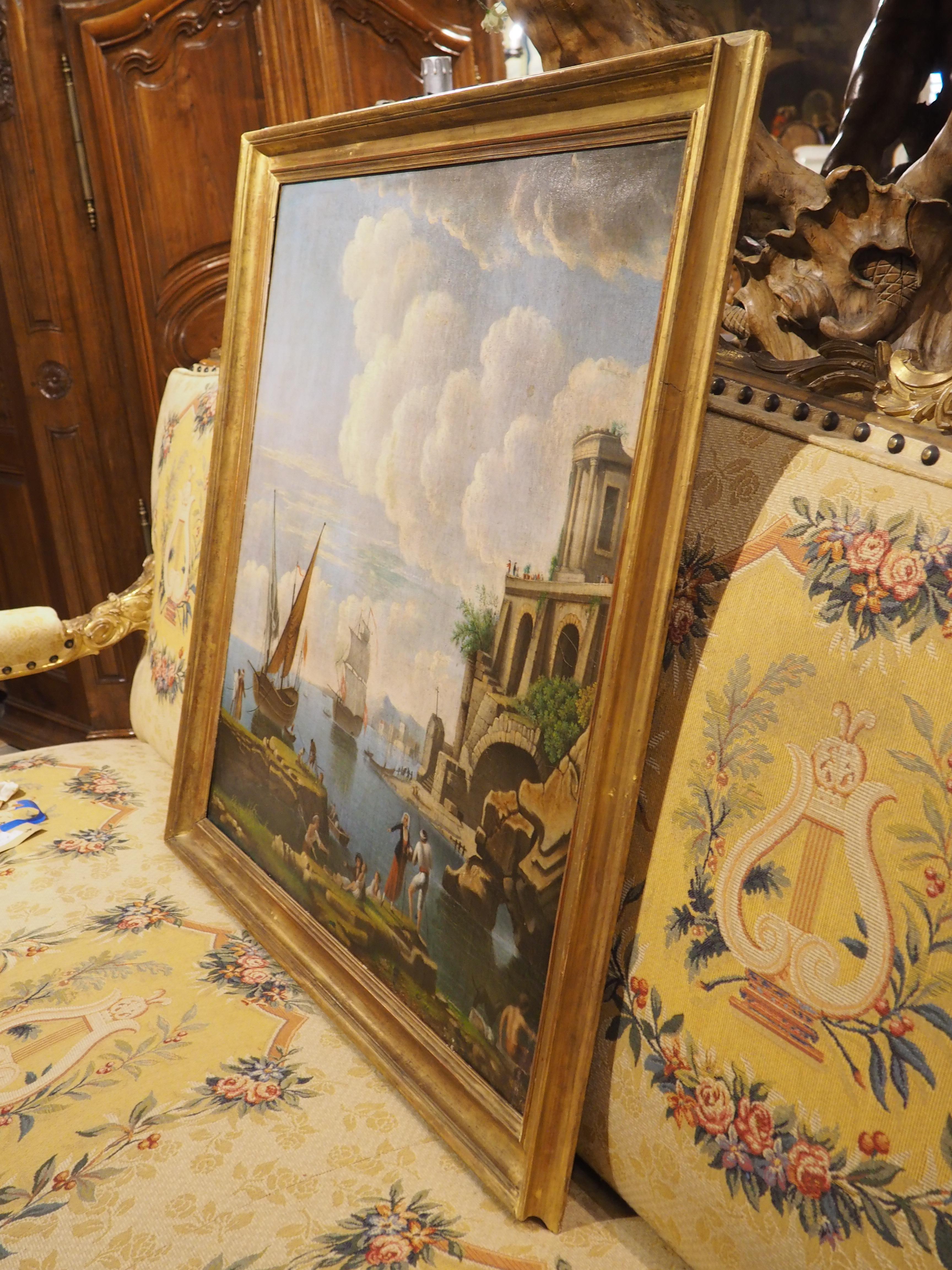 Intagliato a mano Pittura ad olio con scena portuale francese del XVIII secolo proveniente dalla Provenza in vendita
