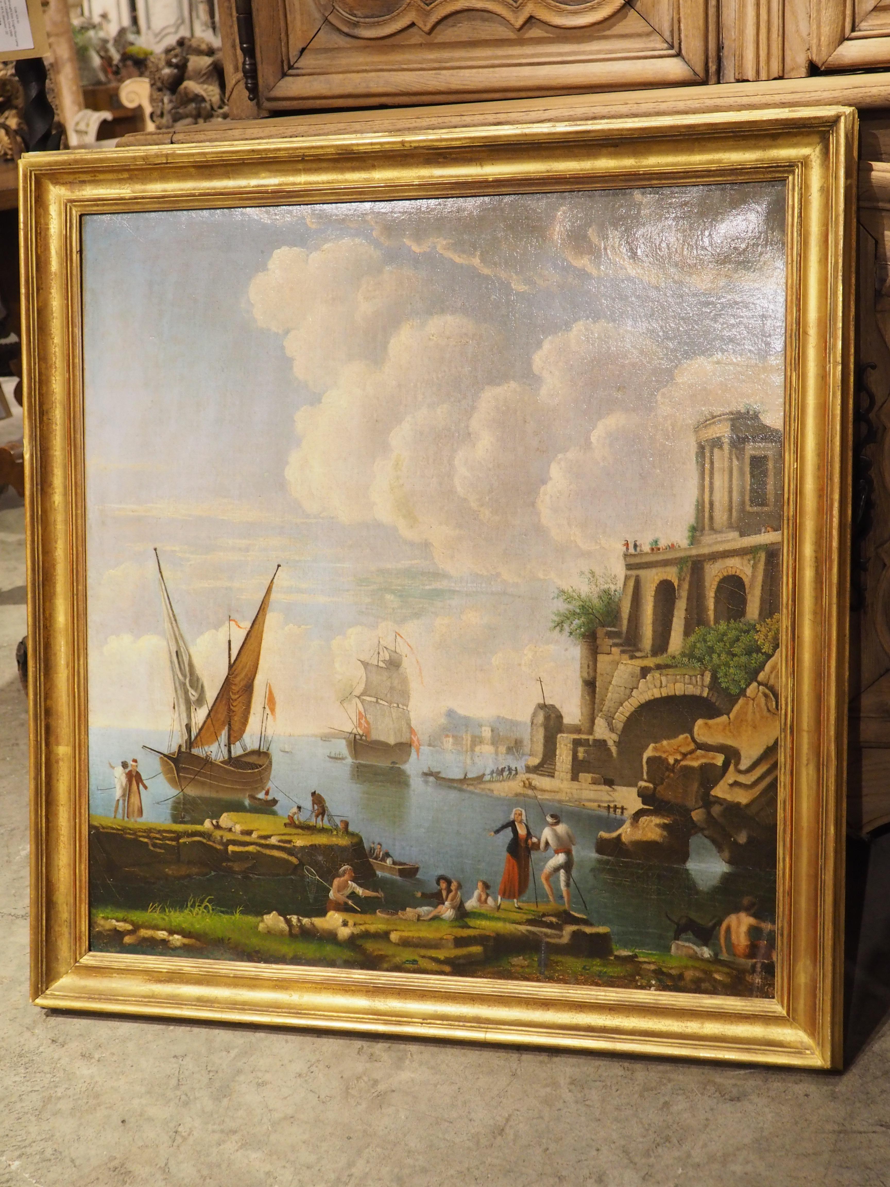 Tela Pittura ad olio con scena portuale francese del XVIII secolo proveniente dalla Provenza in vendita