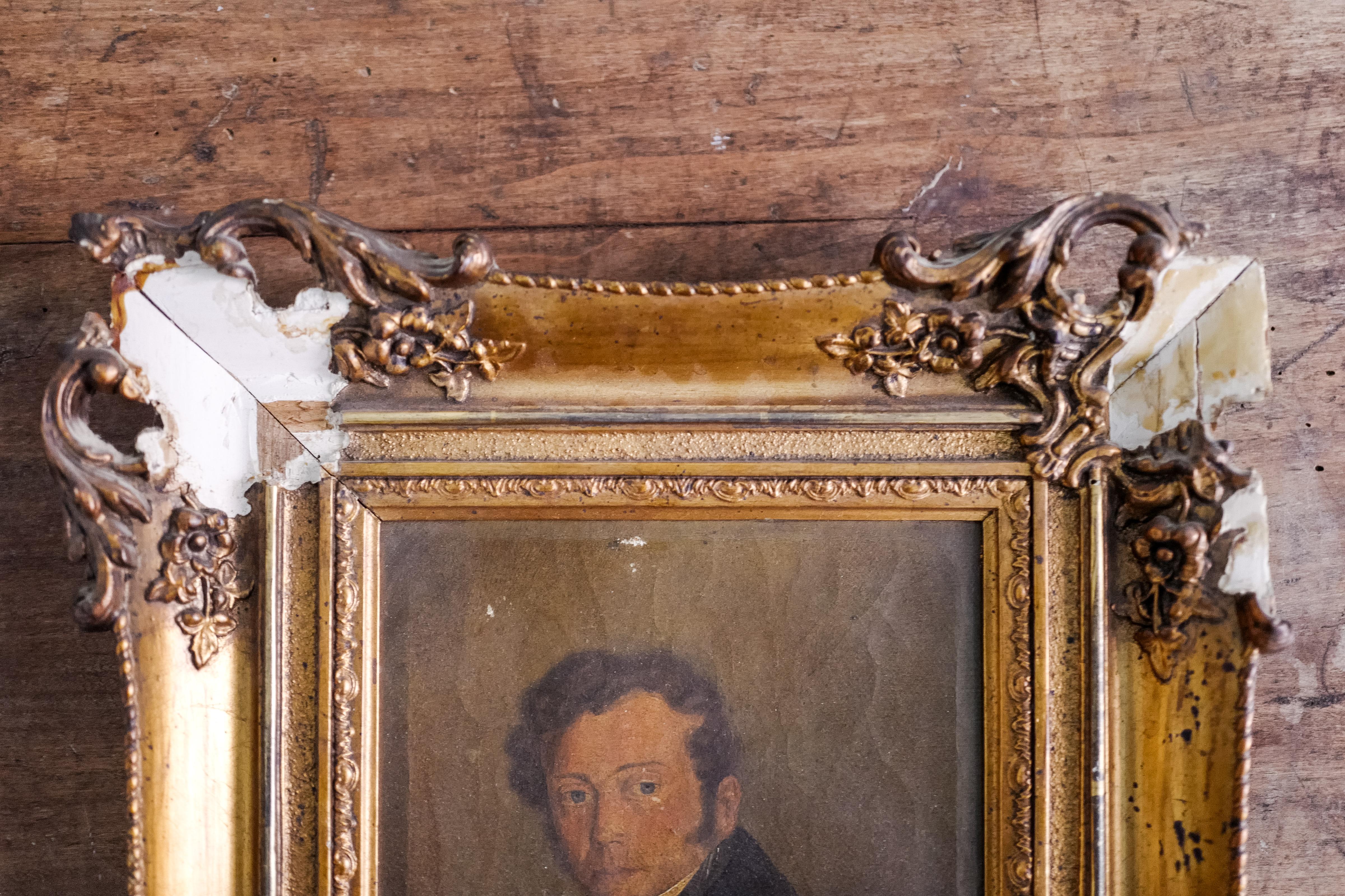 Hand-Painted 18th Century French Portrait Painting of man with gold painted gilt wood frame  For Sale