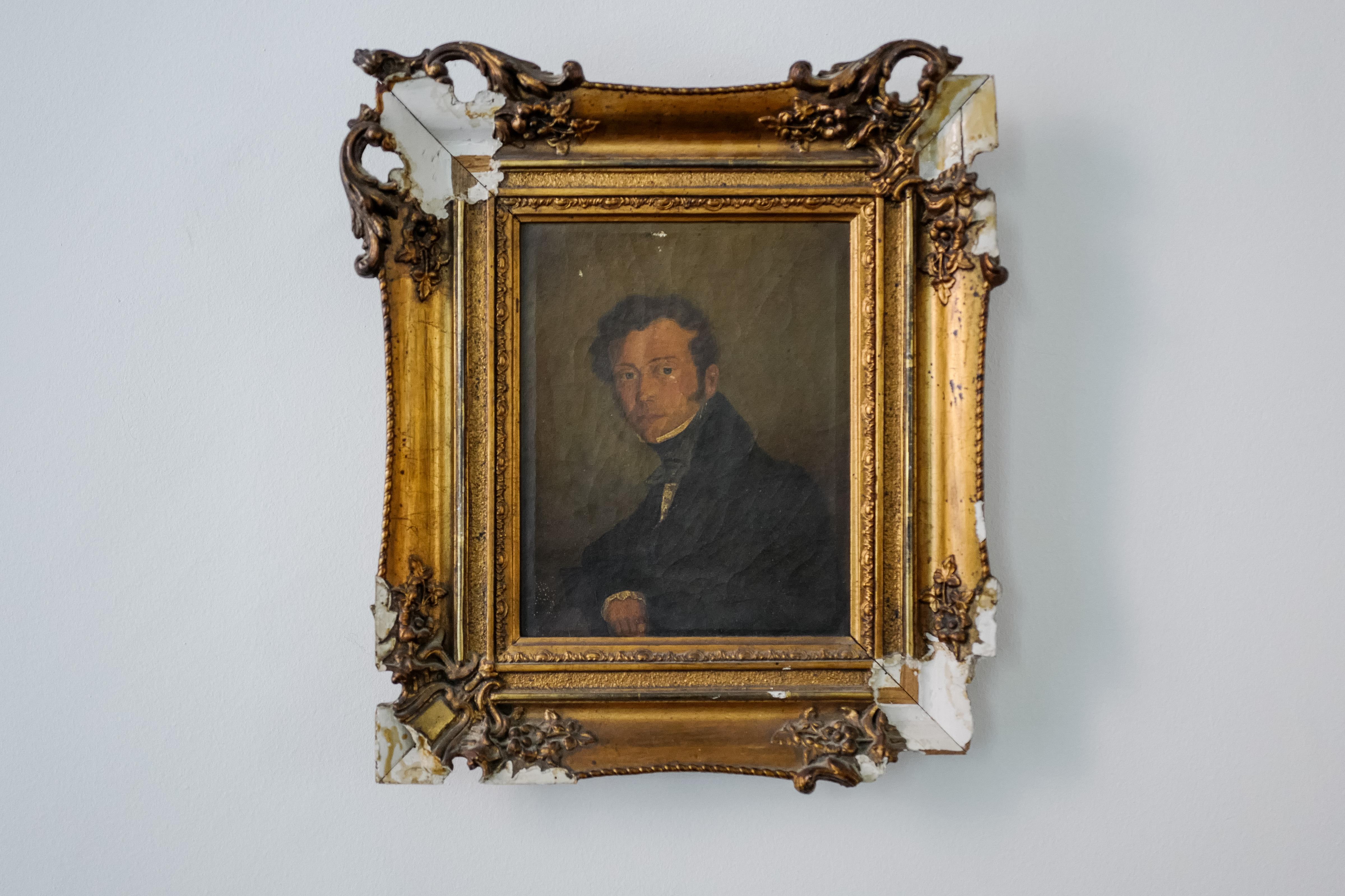 18th Century and Earlier 18th Century French Portrait Painting of man with gold painted gilt wood frame  For Sale