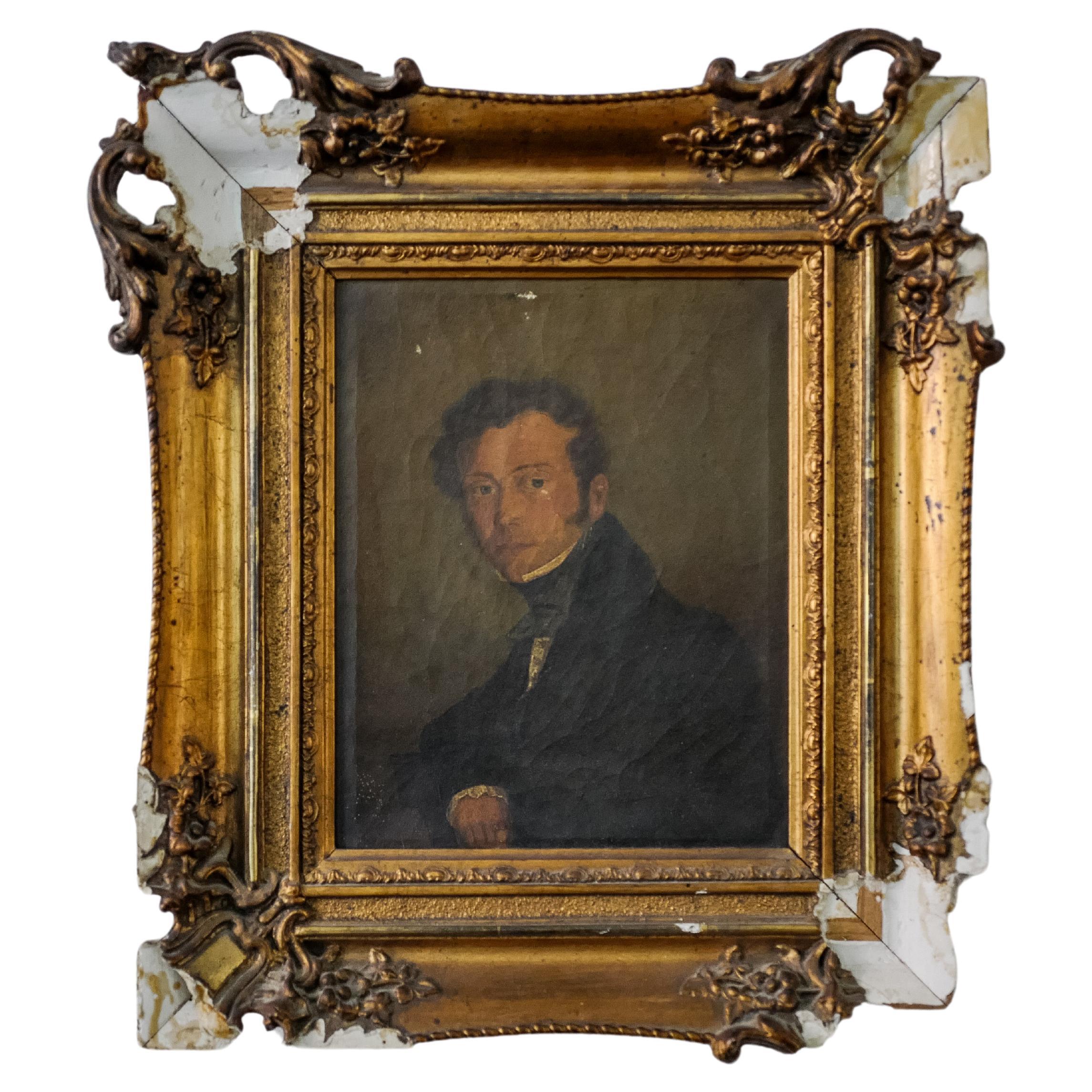 18th Century French Portrait Painting of man with gold painted gilt wood frame 