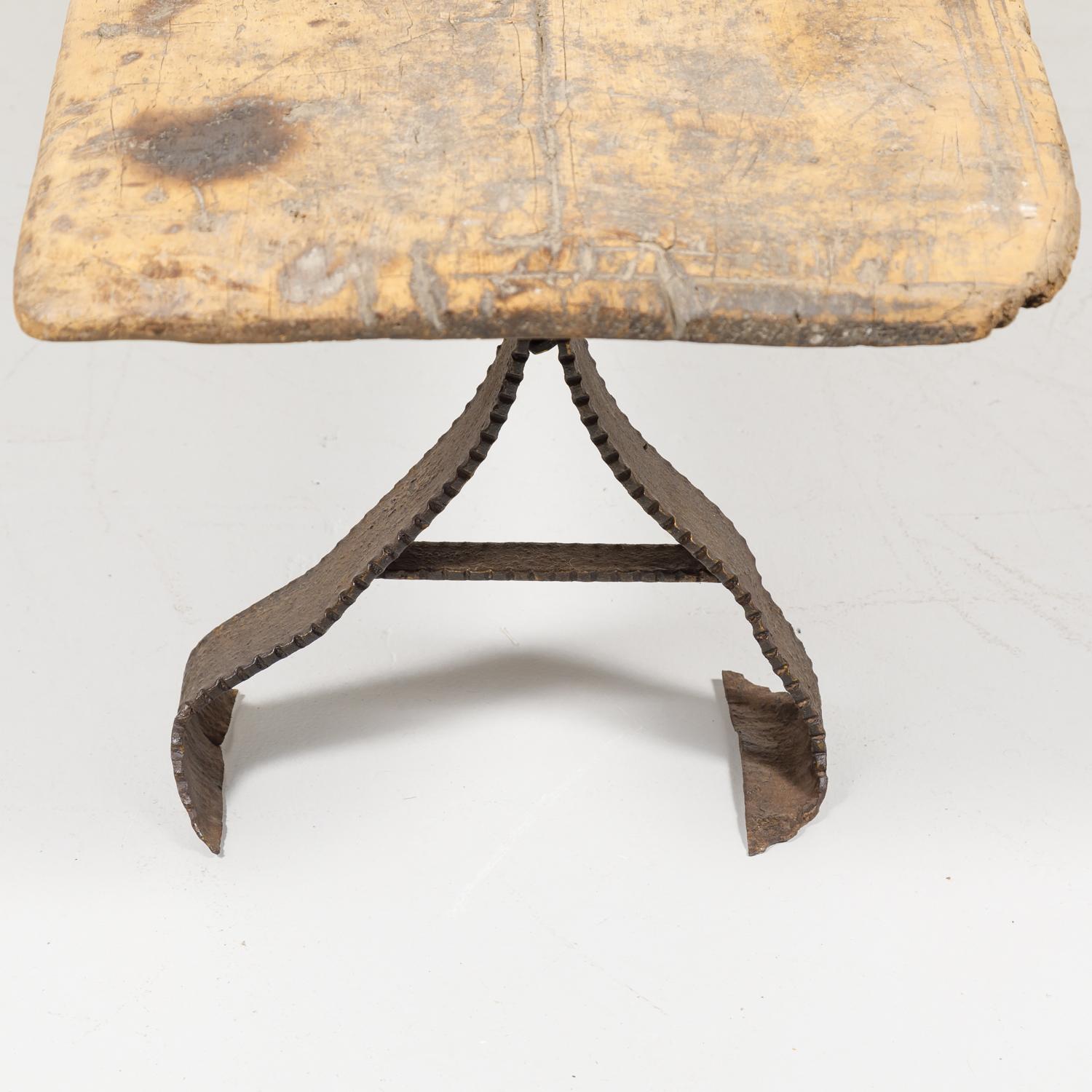 18th Century French Primitive Pine Bench with Iron Base 6
