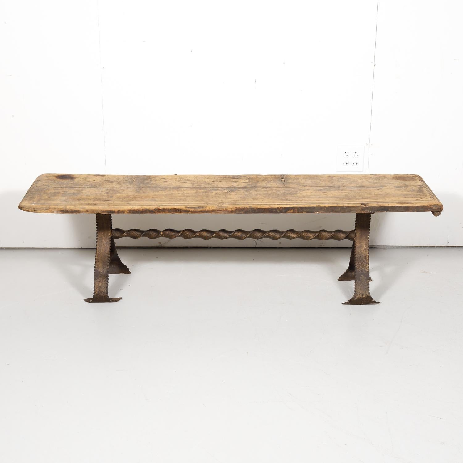 18th Century French Primitive Pine Bench with Iron Base In Good Condition In Birmingham, AL