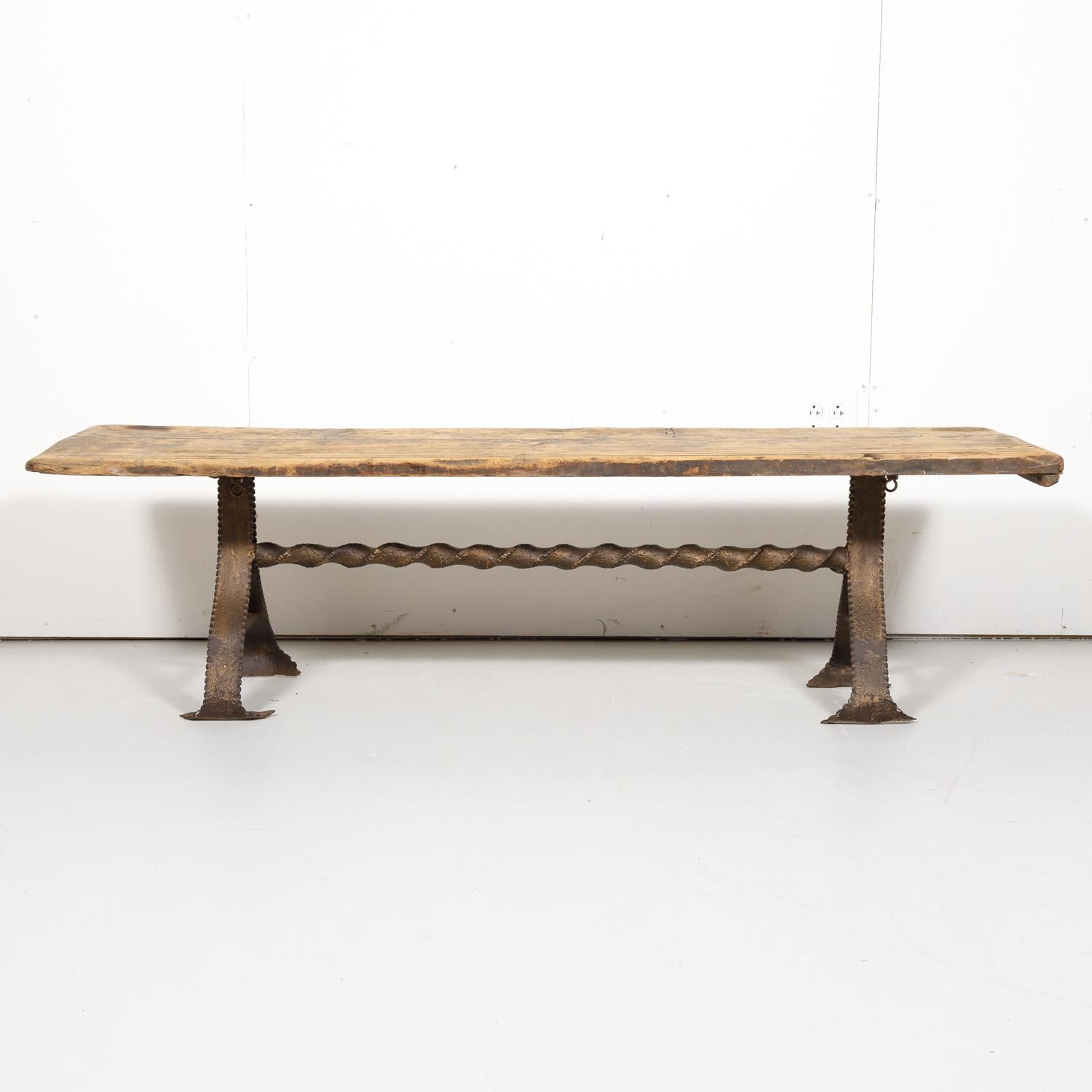 18th Century and Earlier 18th Century French Primitive Pine Bench with Iron Base