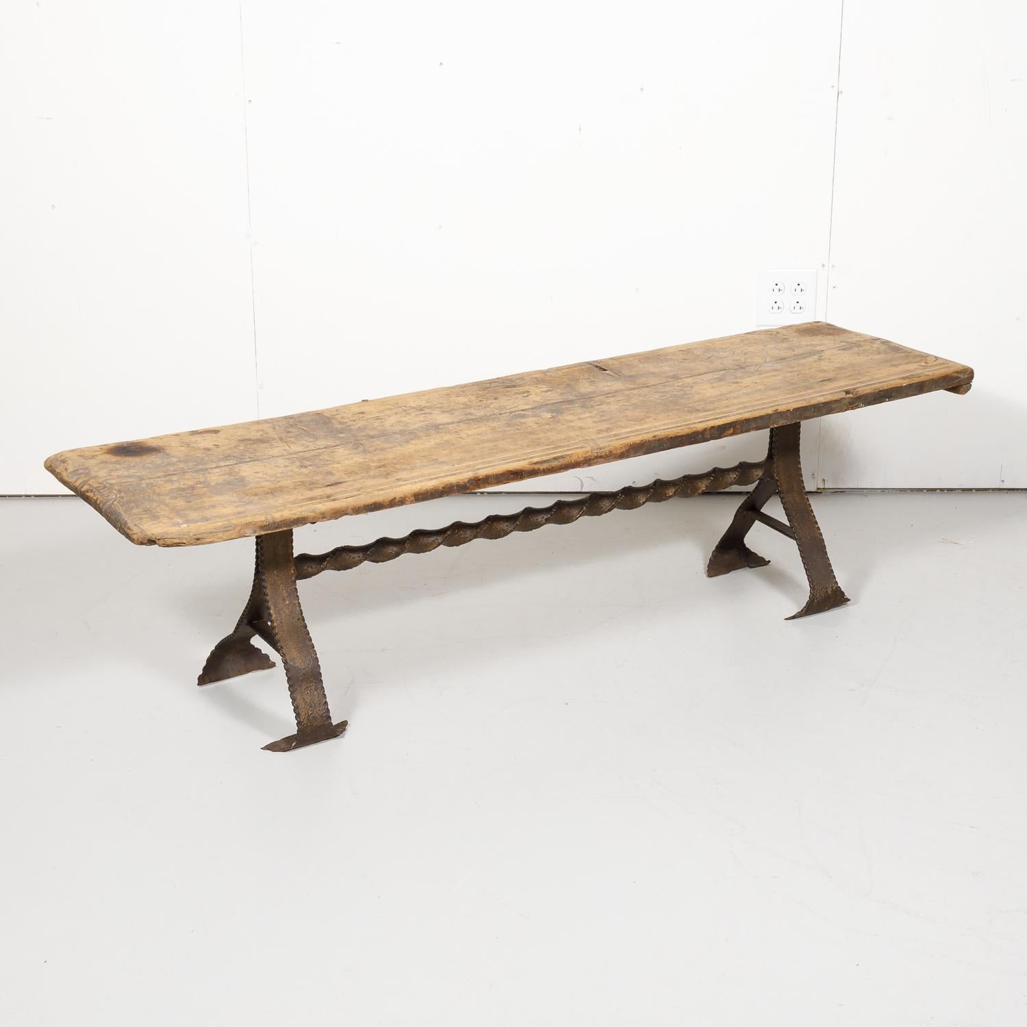 18th Century French Primitive Pine Bench with Iron Base 1