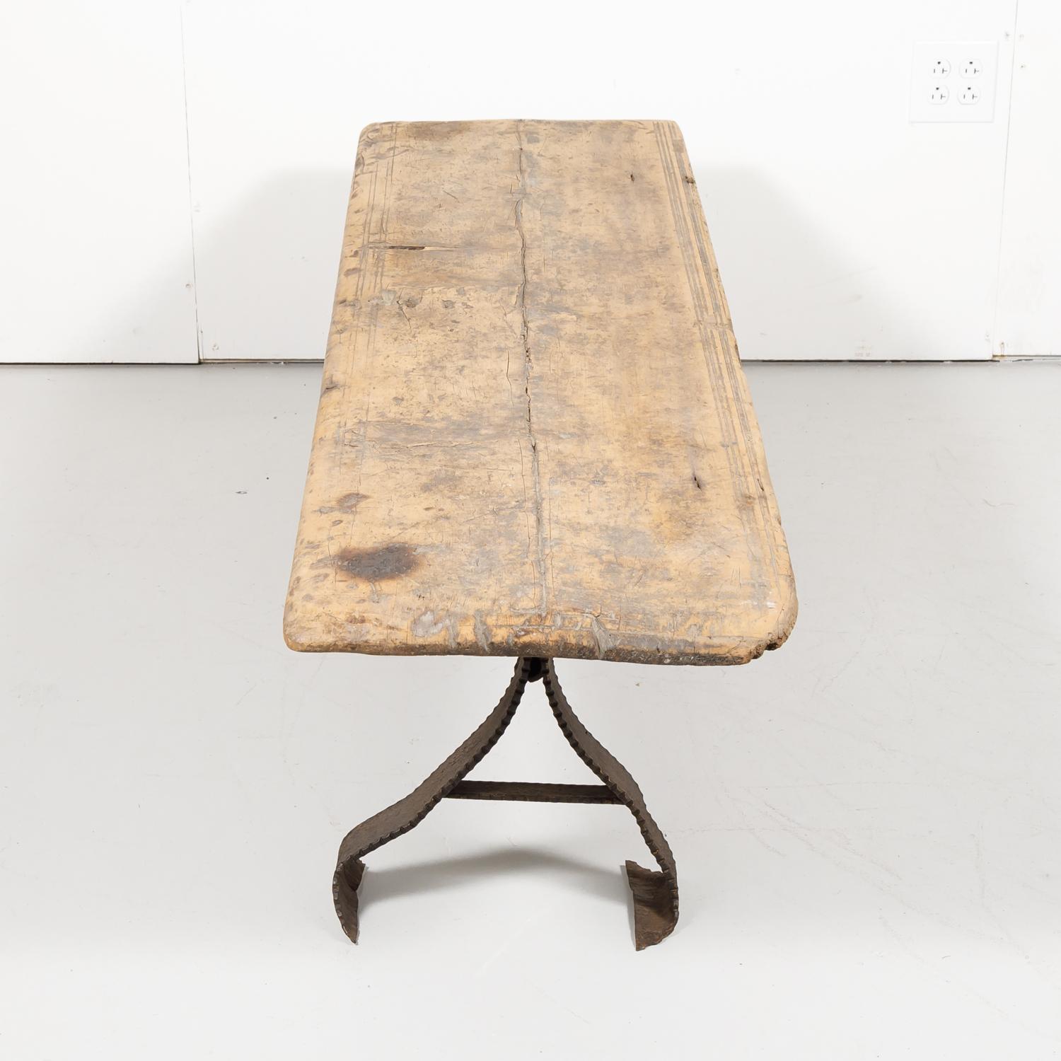 18th Century French Primitive Pine Bench with Iron Base 4