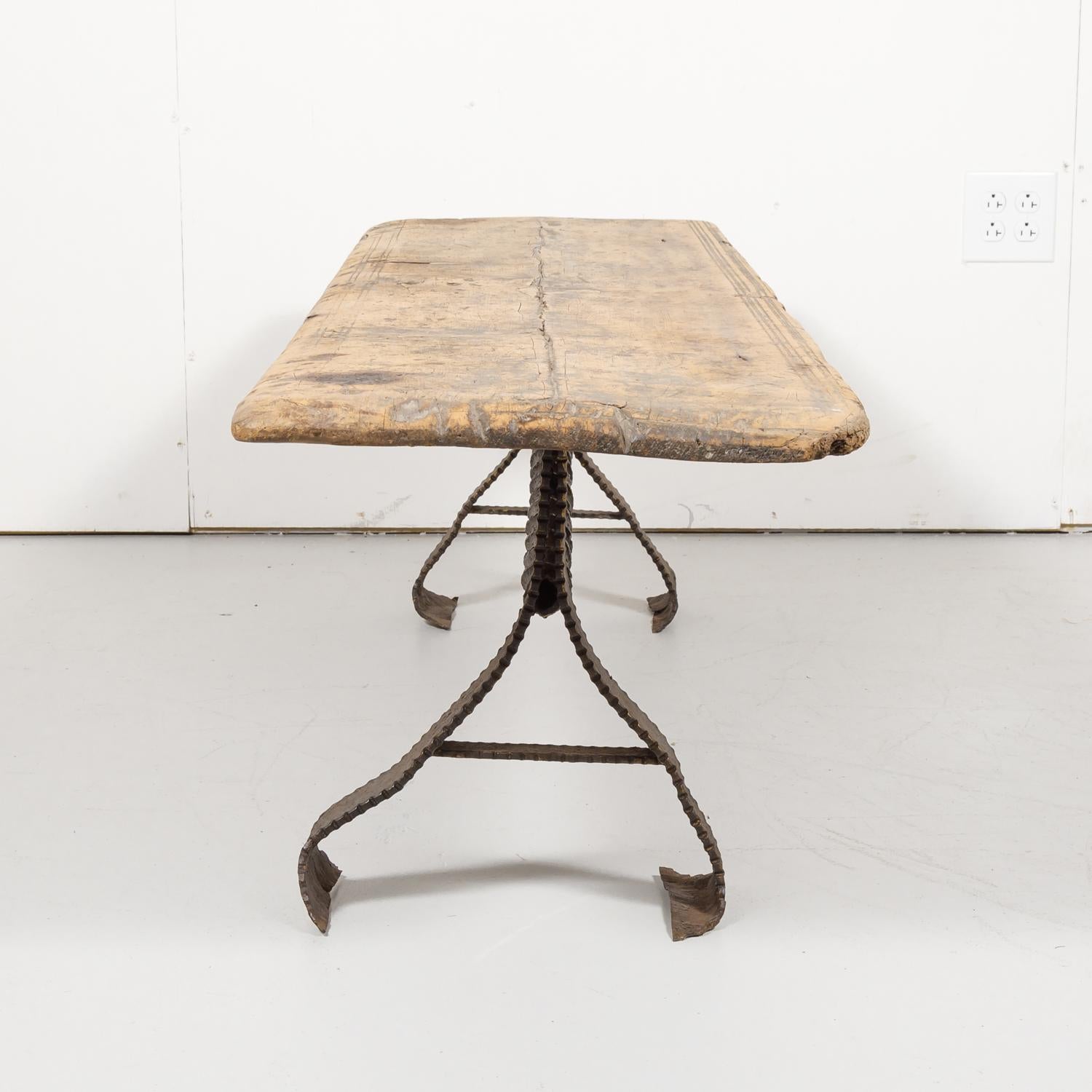 18th Century French Primitive Pine Bench with Iron Base 5
