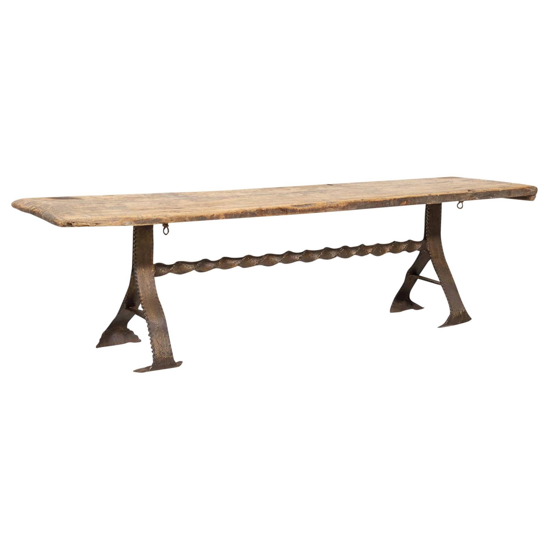 18th Century French Primitive Pine Bench with Iron Base
