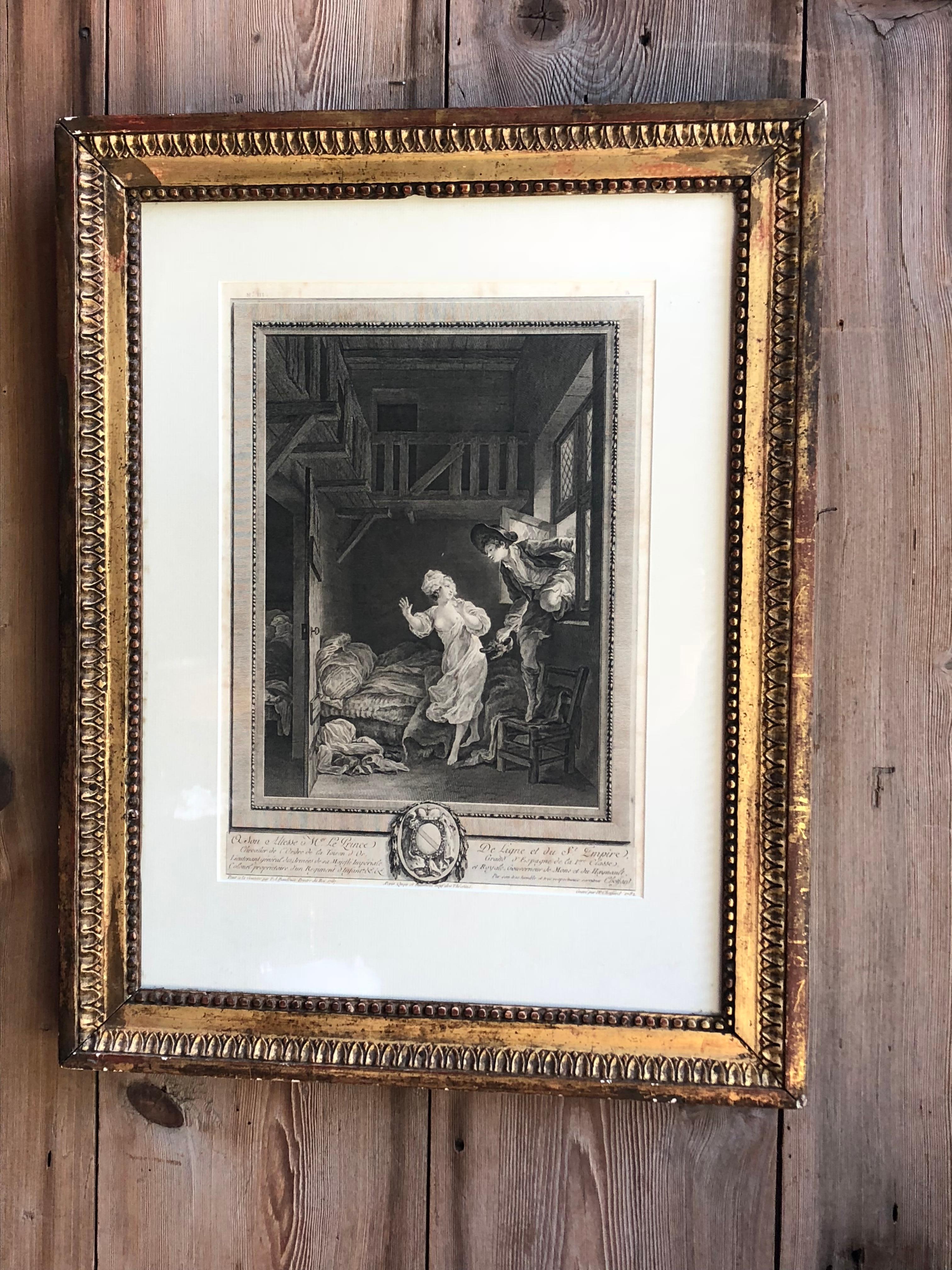 A late 18th century French engraving titled “Marche tout doux, parlez tout bas” (Walk very softly, speak very low) by Pierre Philippe Choffard (1731-1809) considered his finest work. Framed in a Period Louis XVI giltwood frame.