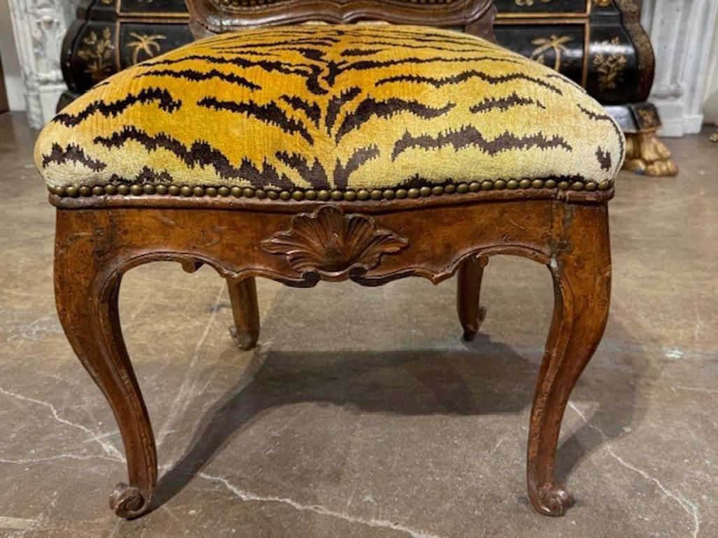 Velvet 18th Century French Provencial Carved Walnut Side Chair For Sale