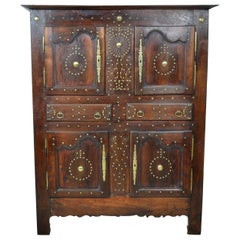 Antique 18th Century French Provincial Chestnut Brass Studwork Cabinet Cupboard Ca. 1720