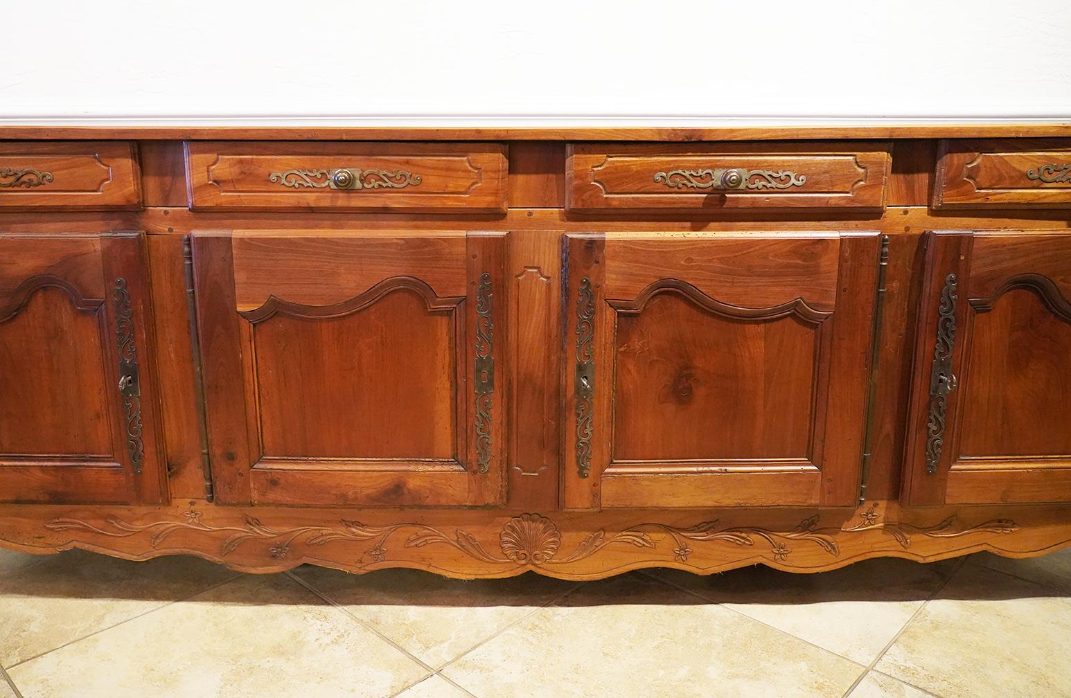 18th Century French Provincial Extra Long Carved Cherry Wood Buffet or Enfilade In Good Condition In Ft. Lauderdale, FL