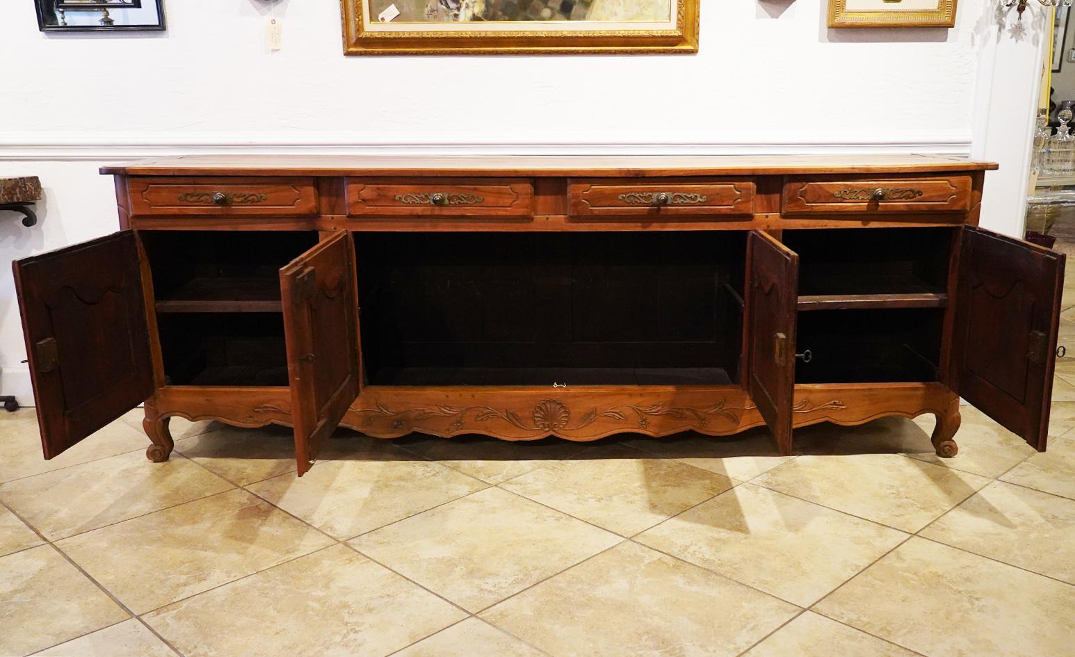 18th Century French Provincial Extra Long Carved Cherry Wood Buffet or Enfilade 2
