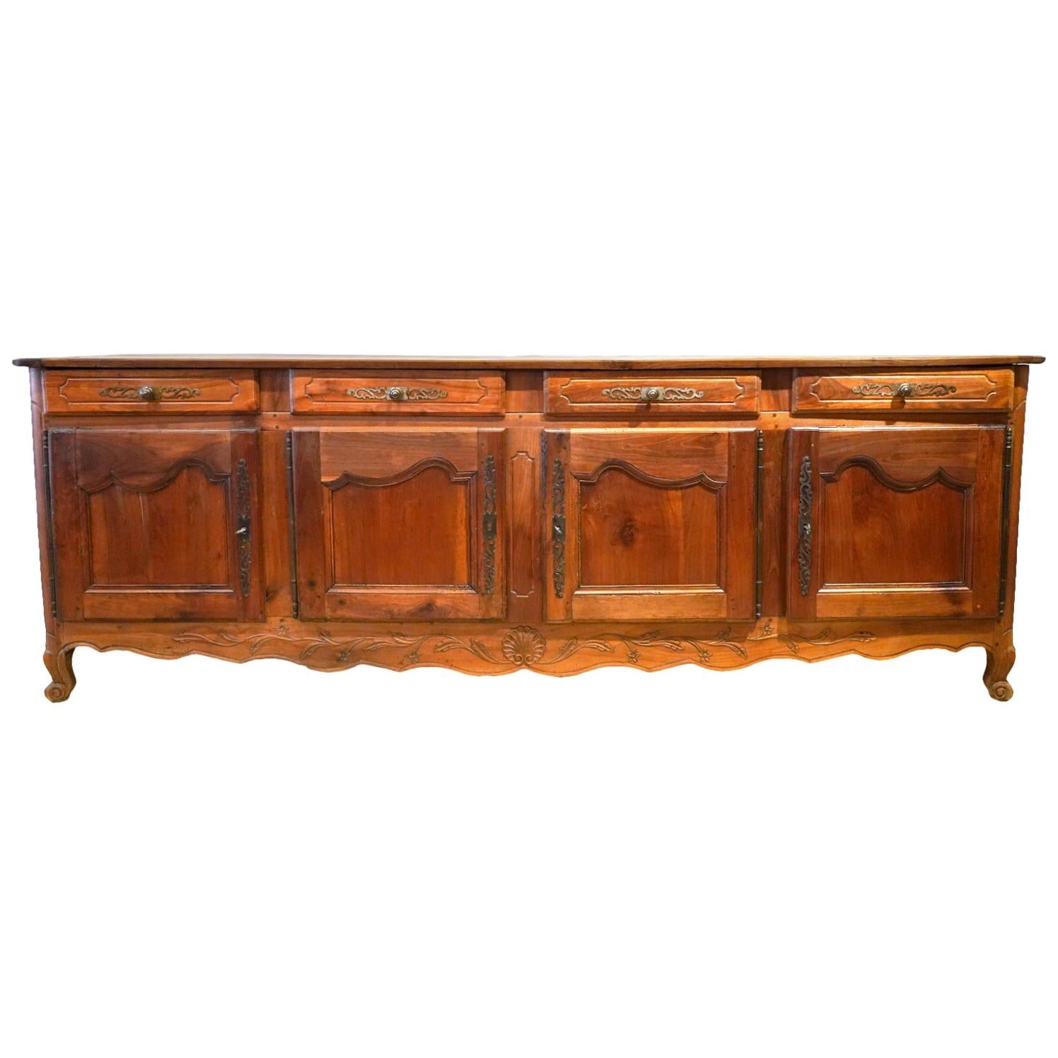 18th Century French Provincial Extra Long Carved Cherry Wood Buffet or Enfilade