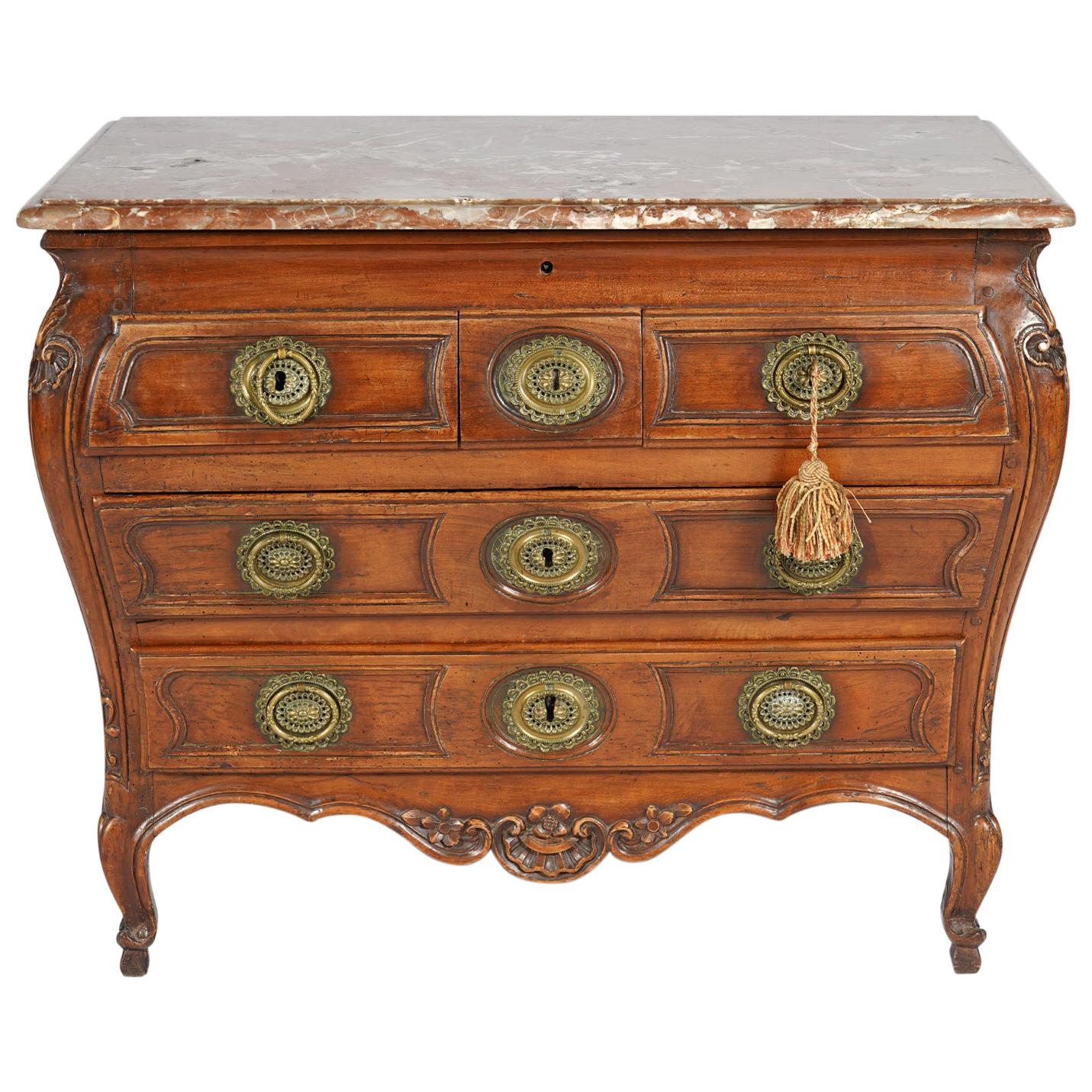 18th Century French Provincial Fruitwood Marble-Top Bombe Commode
