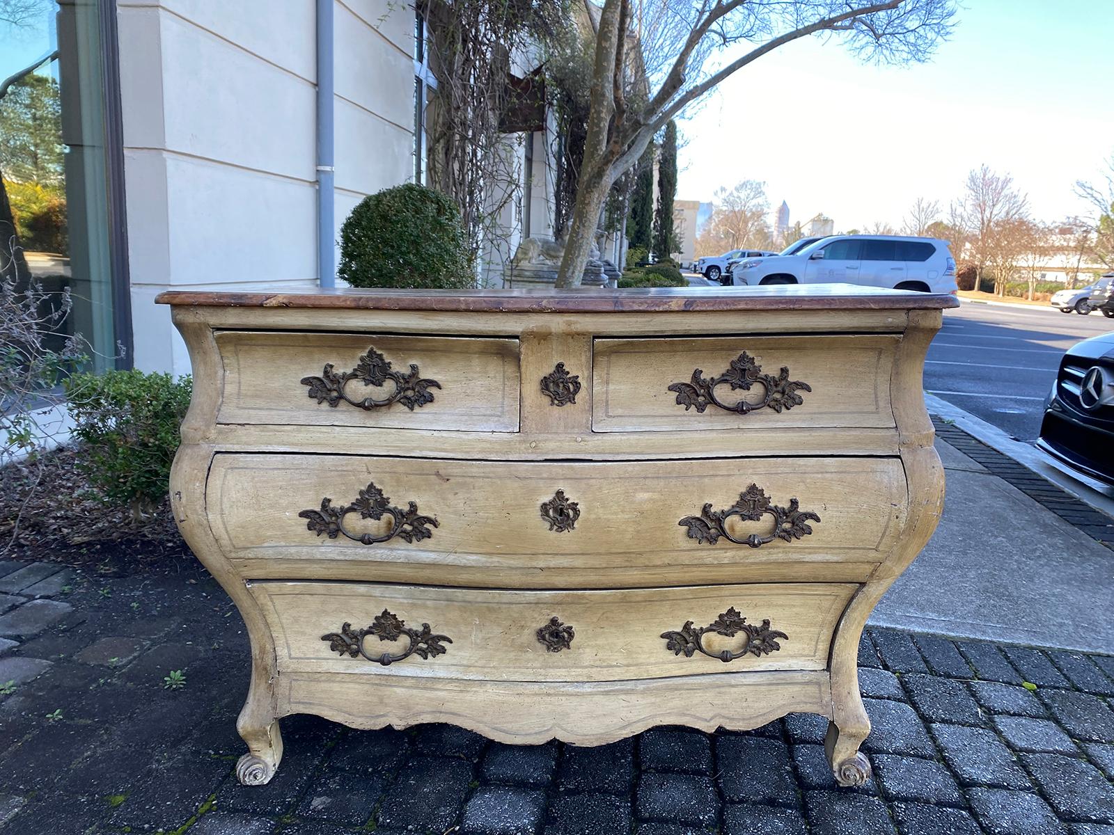 18th century French Provincial Louis XV style bombe painted commode. old faux marble top
