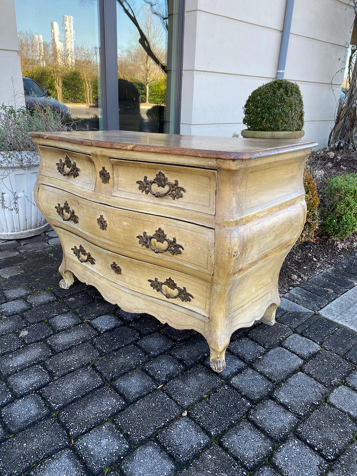 18th Century French Provincial Louis XV Style Bombe Painted Commode, Faux Marble In Good Condition In Atlanta, GA