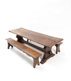 18th Century French Provincial Oak Trestle Farm Table with Two Benches