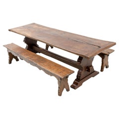 18th Century French Provincial Oak Trestle Farm Table with Two Benches