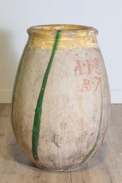 18th Century French Provincial Olive Oil Biot jar with Yellow and Green Glaze