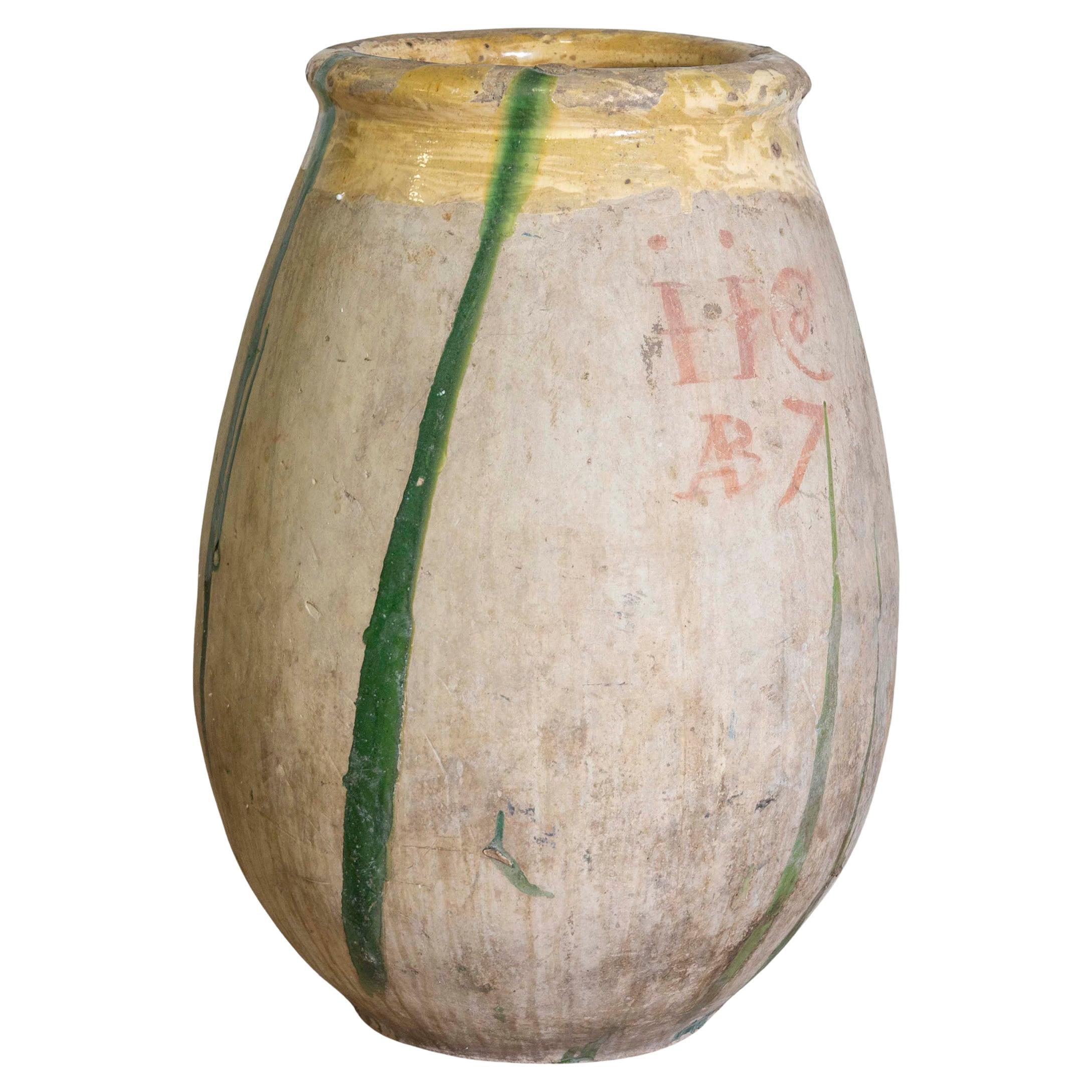 Jarre à huile d'olive Biot de style provincial français du 18e siècle avec glaçure jaune et verte