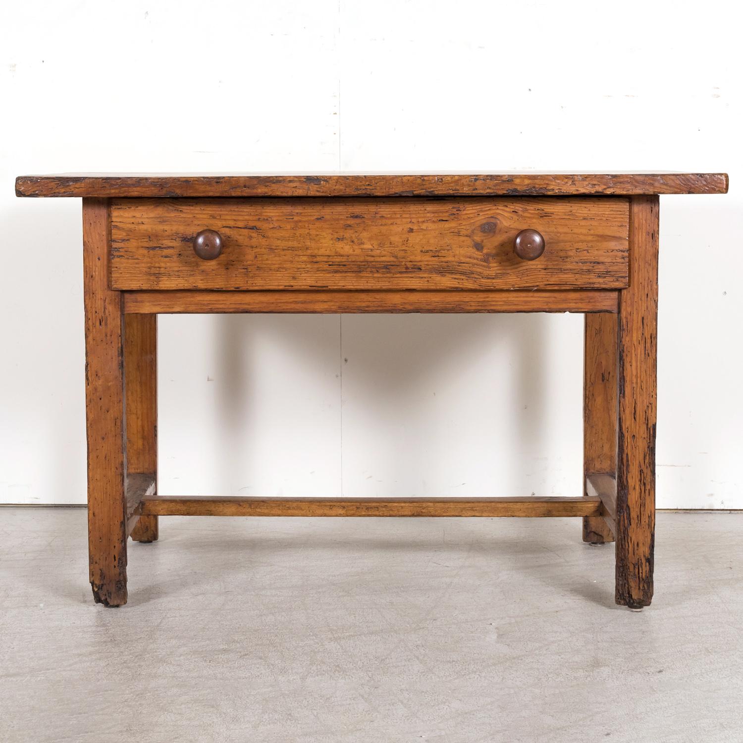 18th Century French Provincial Primitive Larch Wood Side Table or Desk with Draw In Good Condition For Sale In Birmingham, AL