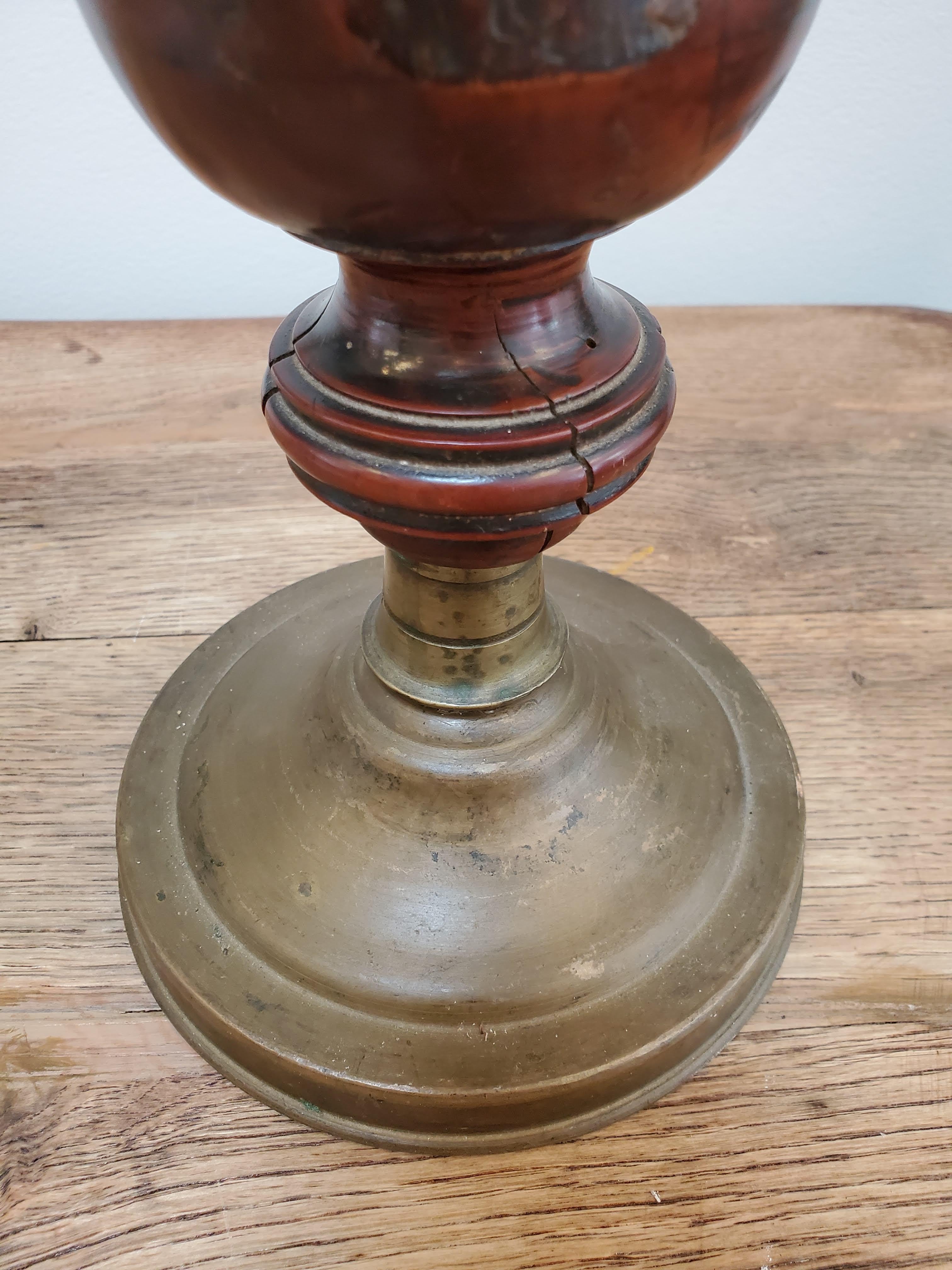 18th Century French Provincial Turned Walnut Finial on Brass Base For Sale 2