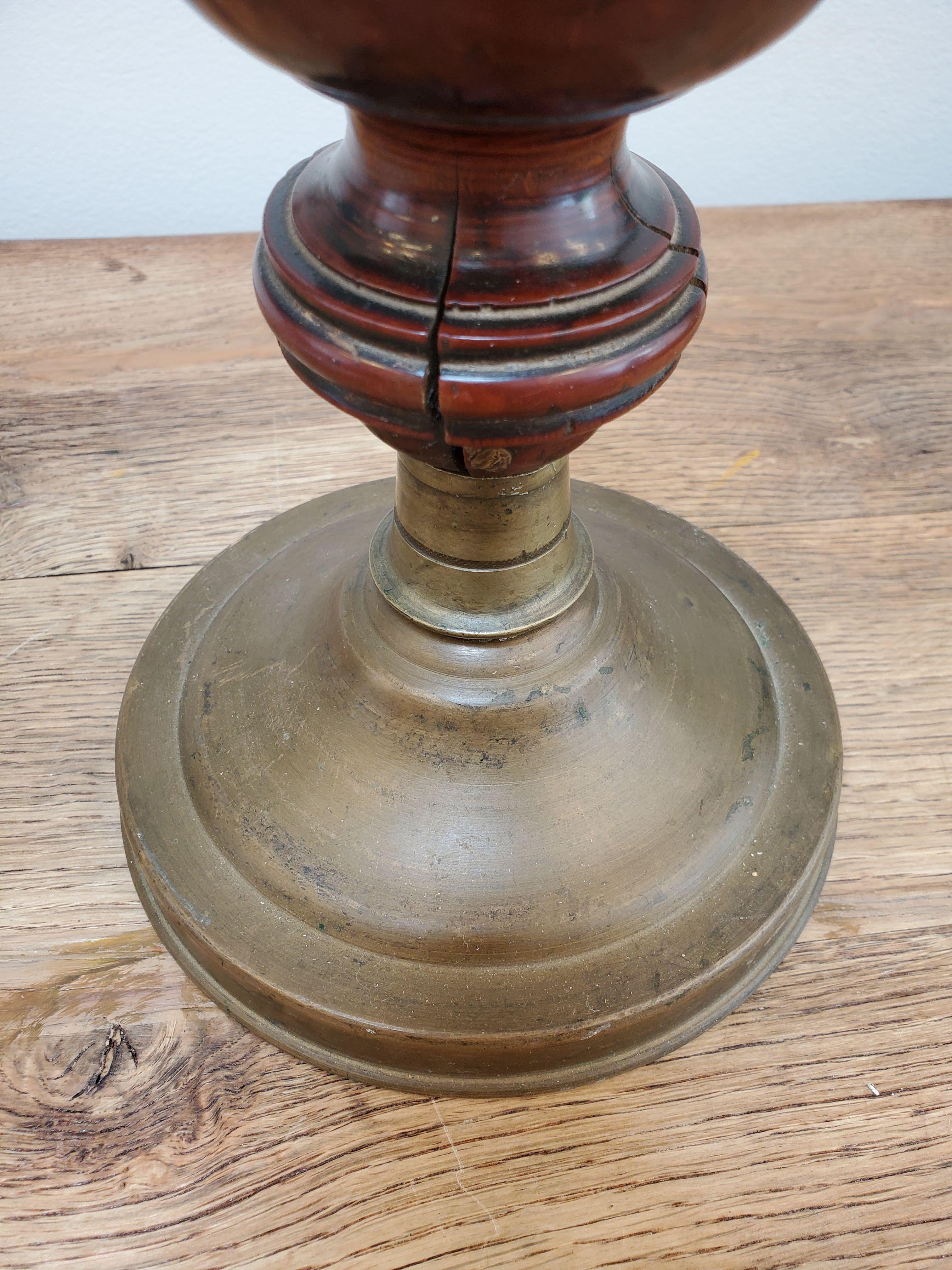 18th Century French Provincial Turned Walnut Finial on Brass Base For Sale 3