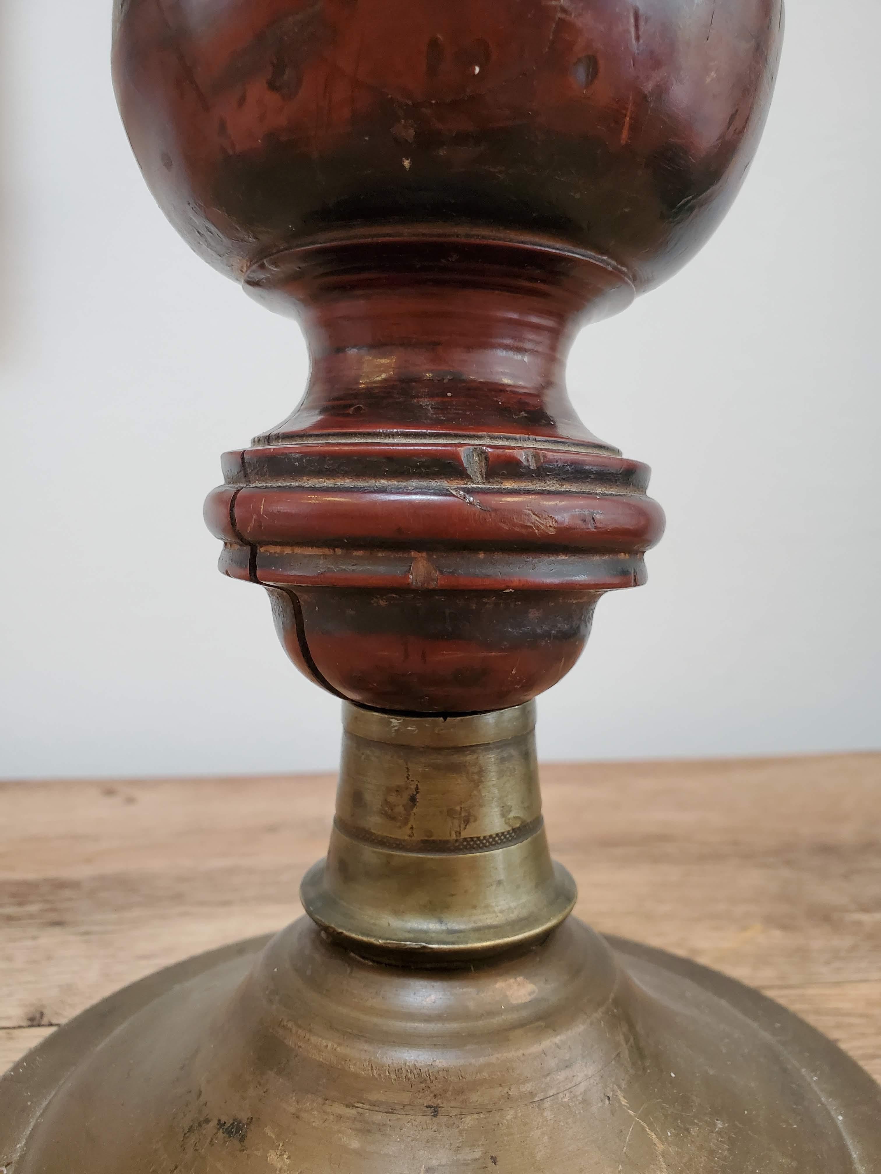 18th Century French Provincial Turned Walnut Finial on Brass Base For Sale 5