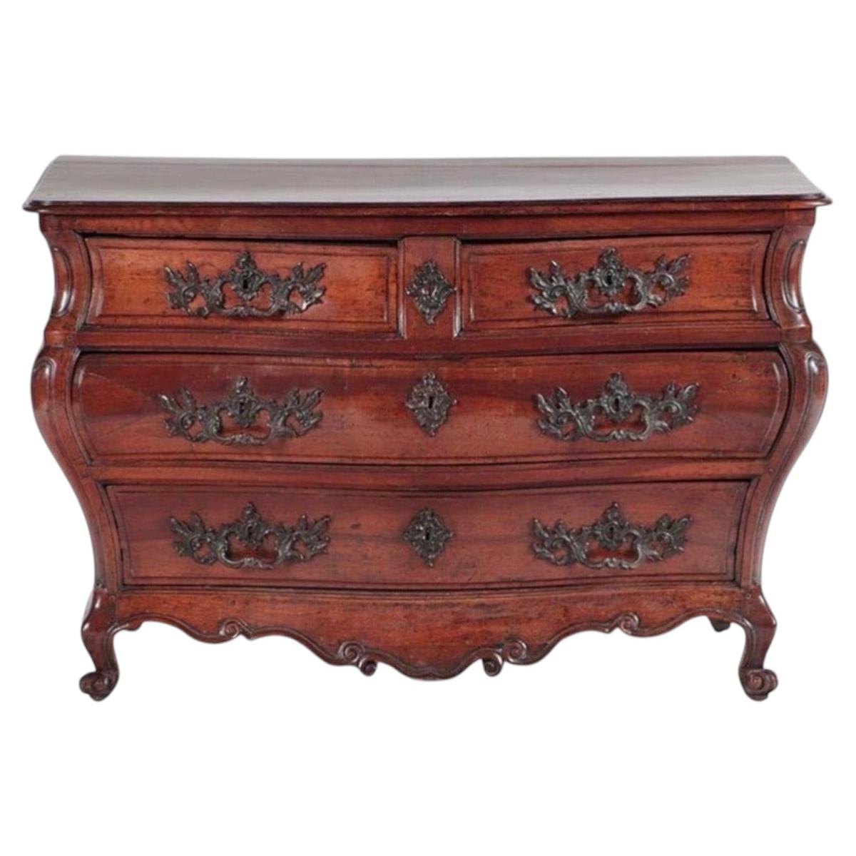 18th Century French Provincial Walnut Bombay Commode, Hand-Carved For Sale