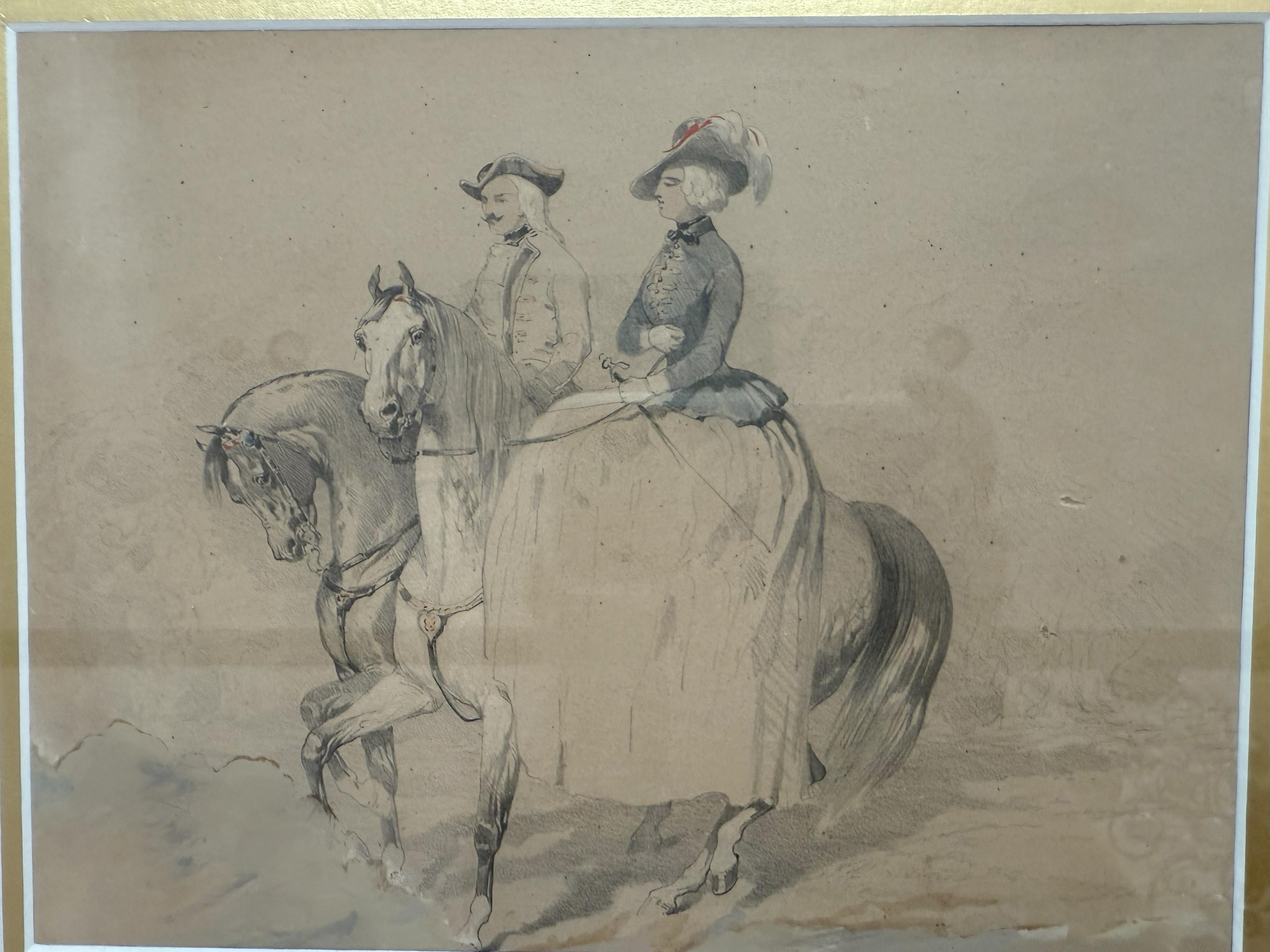 18th Century French Provincial Watercolor. Depicting a Lady and Gentleman riding horses in the original gilt frame, circa 1790. 
Pencil and watercolor on toned paper.

Sight Size: 8