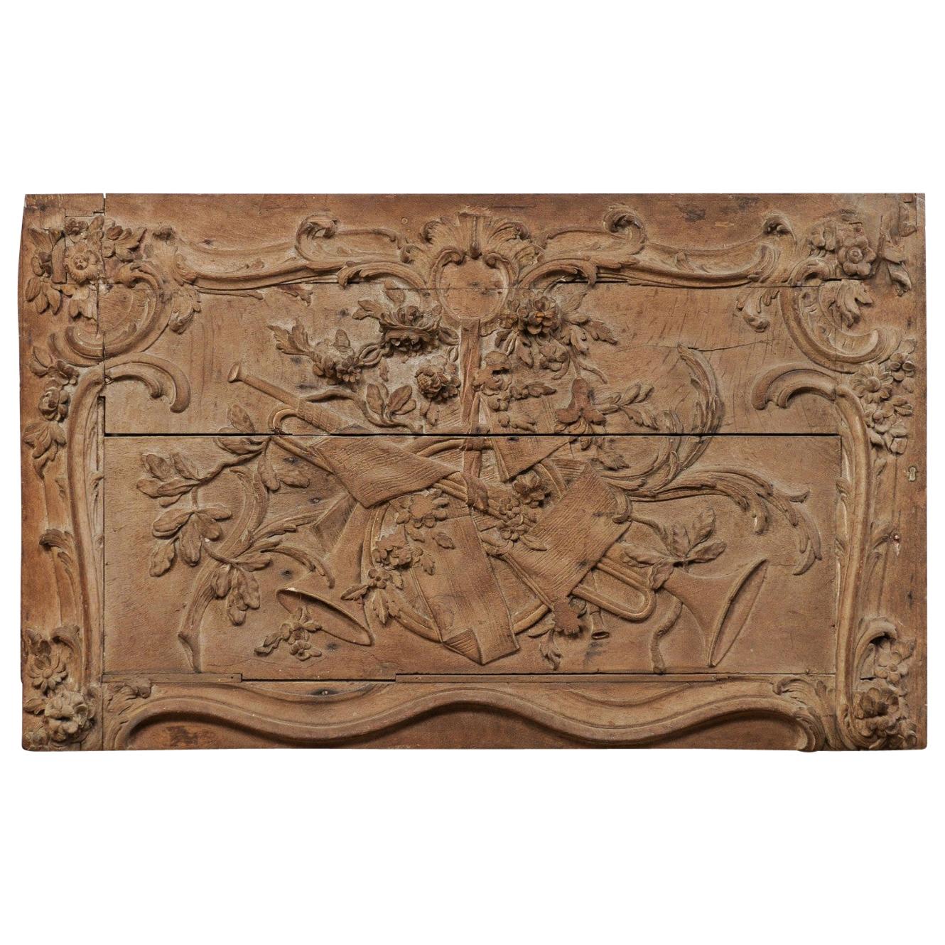 18th Century French Rectangular Wood Wall Decoration Carved in Musical Motif