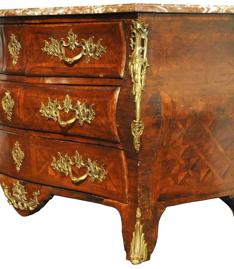 18th Century French Regence Bombe Rosewood Chest of Drawers with Red Marble Top In Excellent Condition In Dallas, TX