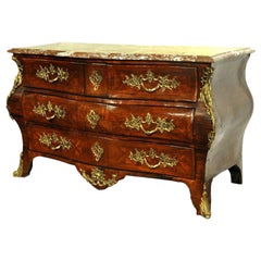 Antique 18th Century French Regence Bombe Rosewood Chest of Drawers with Red Marble Top