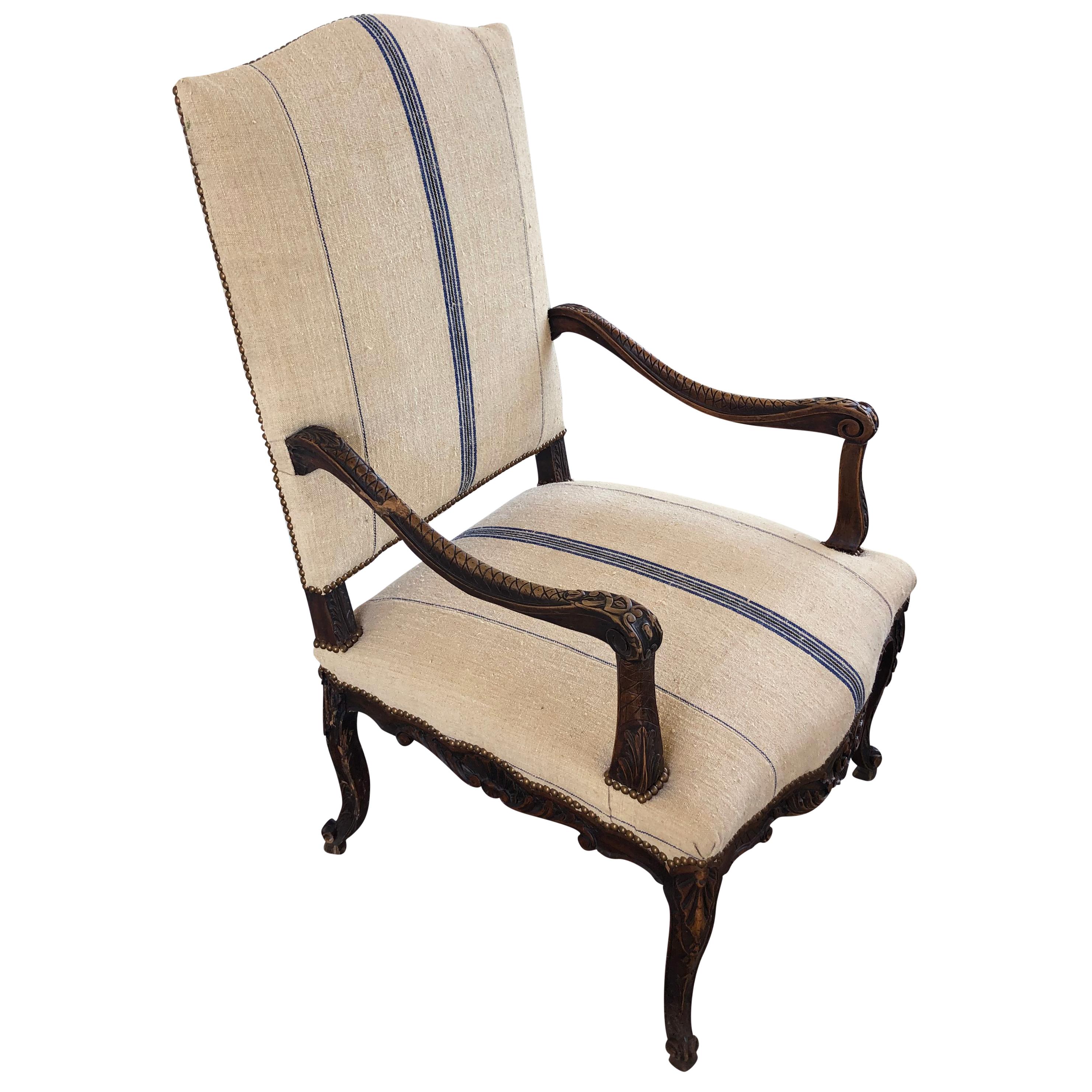 Hand-Carved 18th Century Régence Fauteuil, Antique French Beechwood, Brass Armchair