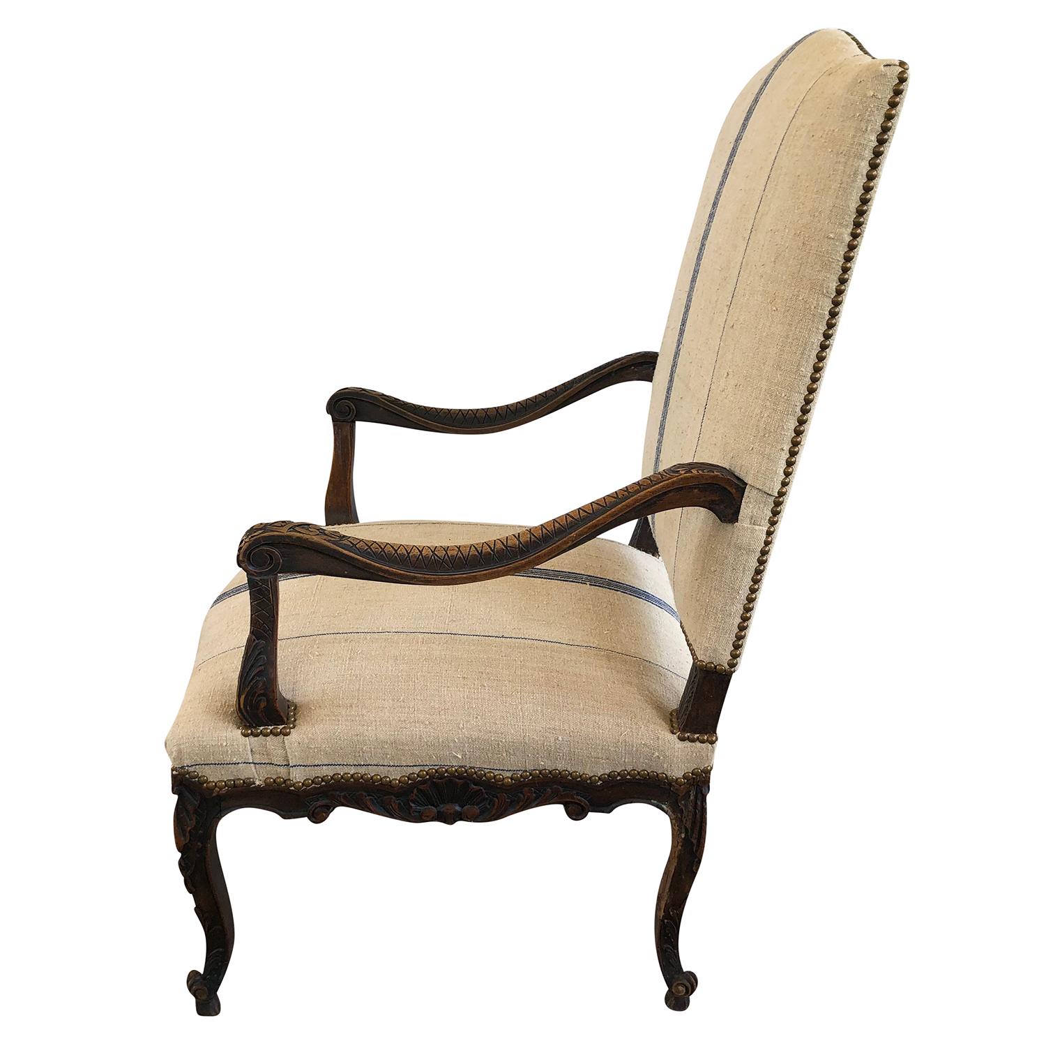 18th Century and Earlier 18th Century Régence Fauteuil, Antique French Beechwood, Brass Armchair