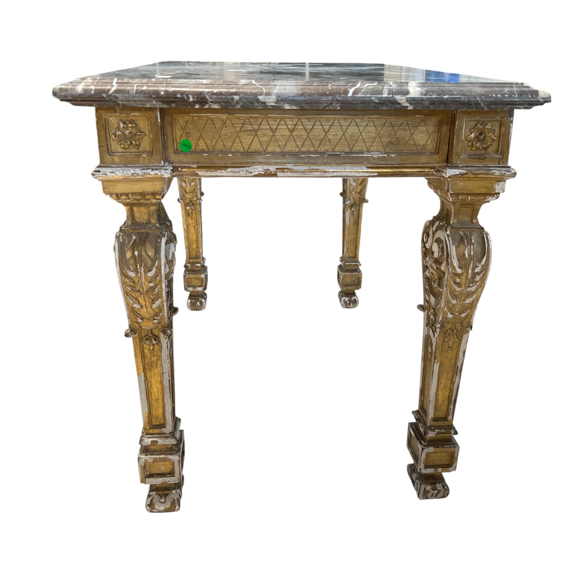 An opulent French Régence console richly carved and gilded, featuring sinuous lines, shell and foliate motifs, and a beautifully veined grey marble top—capturing the transitional elegance between Baroque grandeur and Rococo refinement.