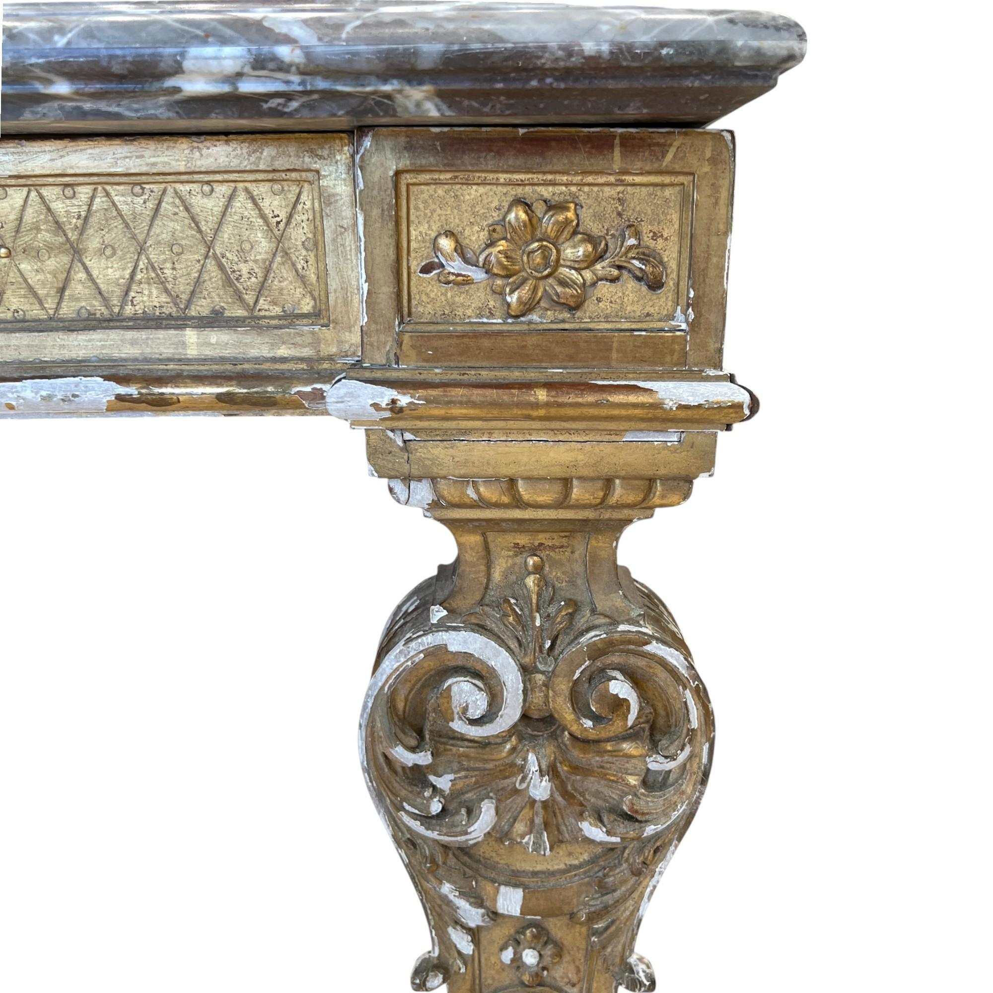 Regency 18th Century French Regence Gilded Console Center Table with Grey Marble Top For Sale