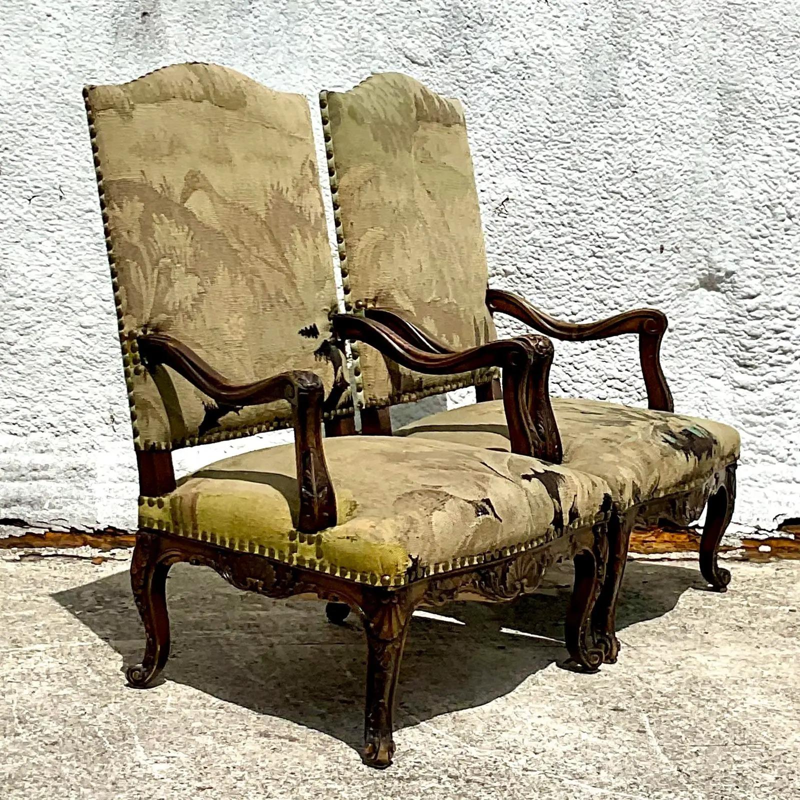 18th Century French Regency Arm Chairs With Antique Tapestry Upholstery - a Pair In Good Condition In west palm beach, FL