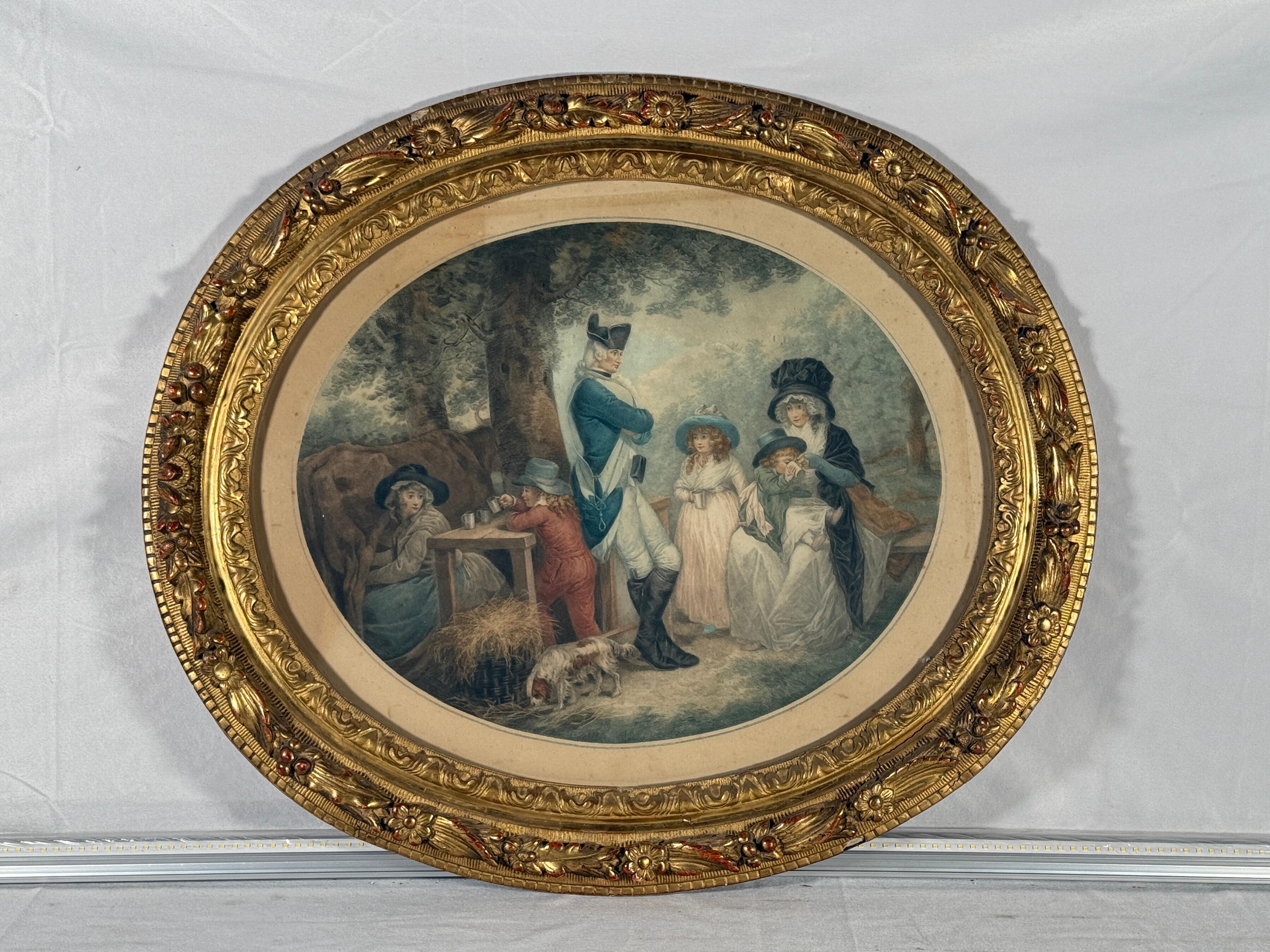18th Century French Revolutionary Hand Colored Engraving During The Revolution. Very Ornate Gilt wood Frame. Beautiful piece purchased in France. Age appropriate wear, see detailed photos or message us with questions. 