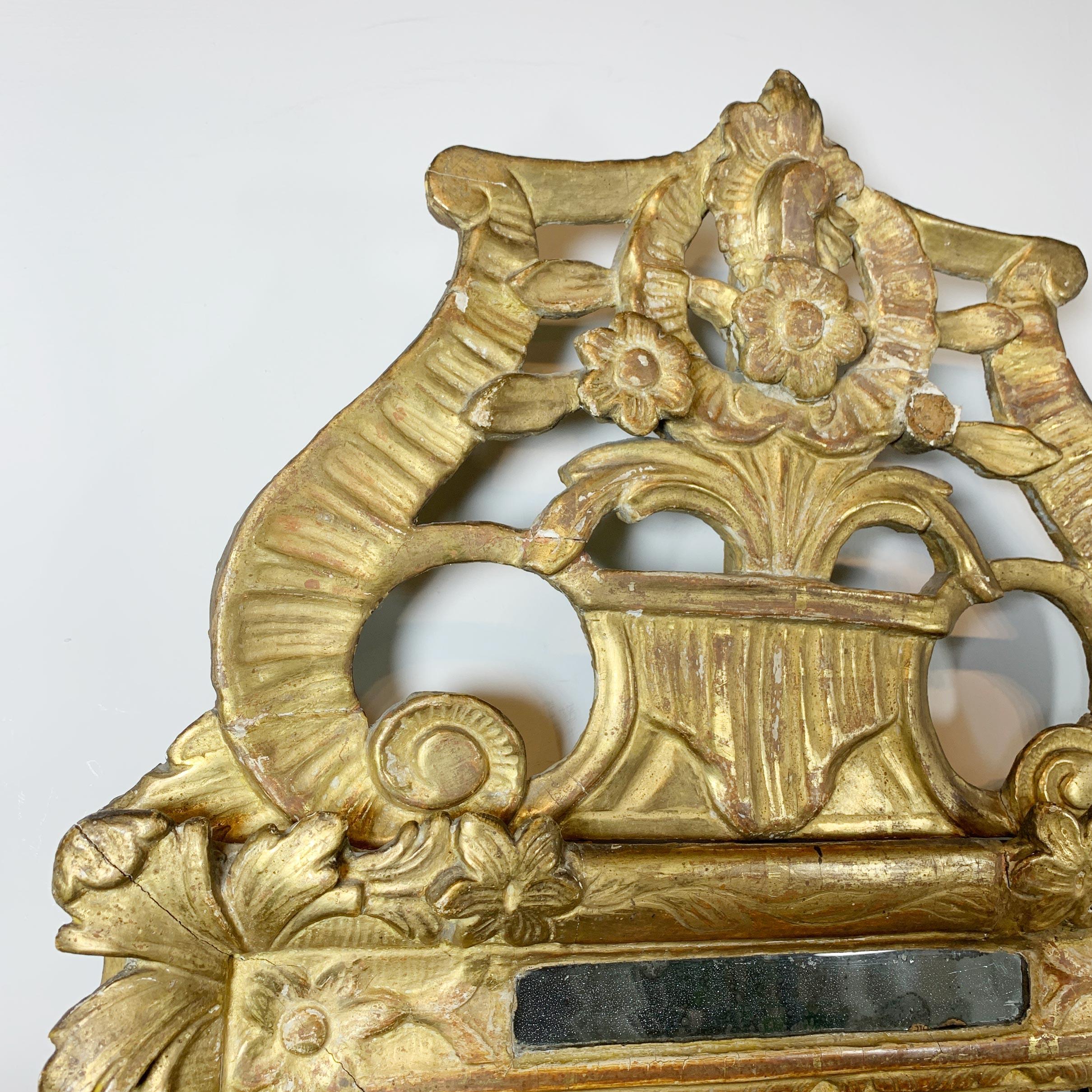 Hand-Crafted 18th Century French Rococo Gold Gilt Wood Marriage Mirror For Sale