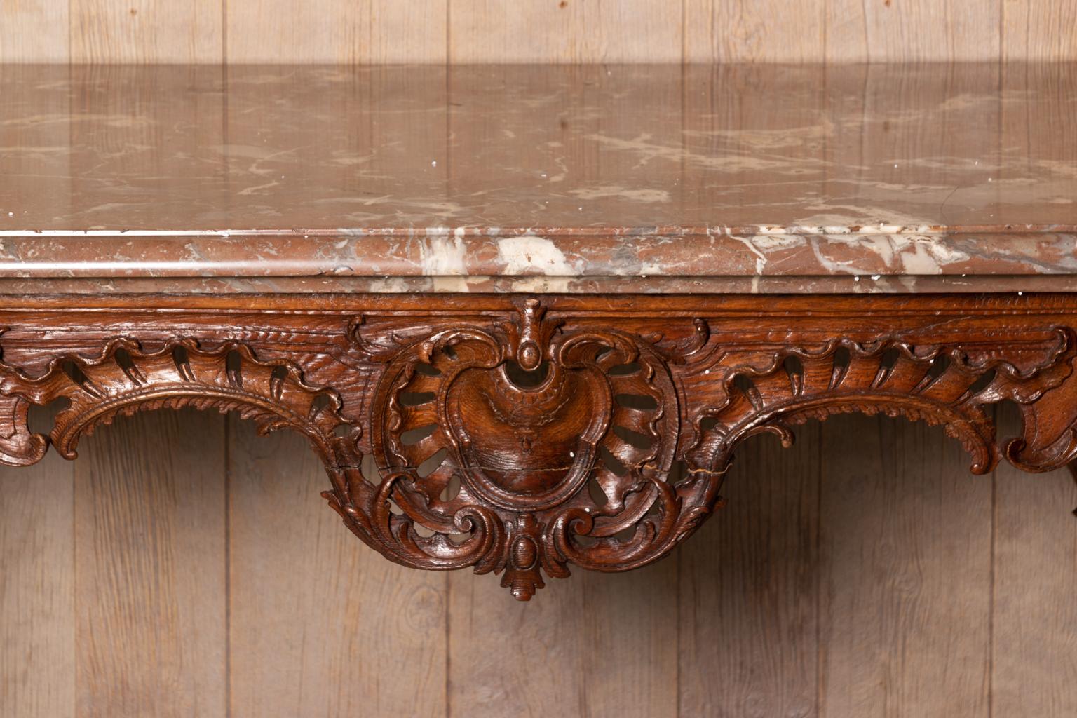 Carved 18th Century French Rococo Marble Top Console Table For Sale