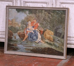 18th Century French Rococo Pastoral Courtship Painting in Gray Frame
