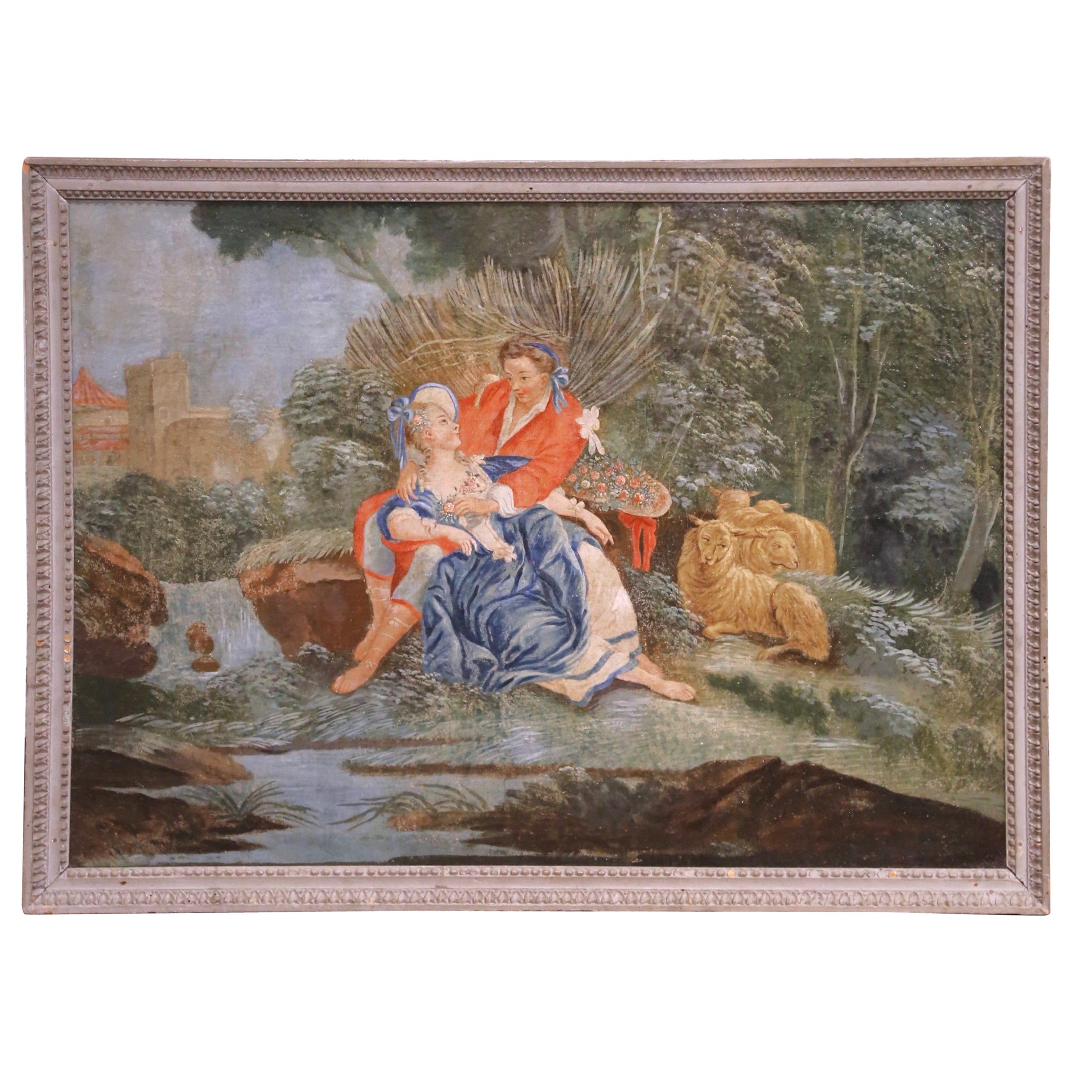 Tableau de cour pastorale rococo français du XVIIIe siècle dans un cadre gris