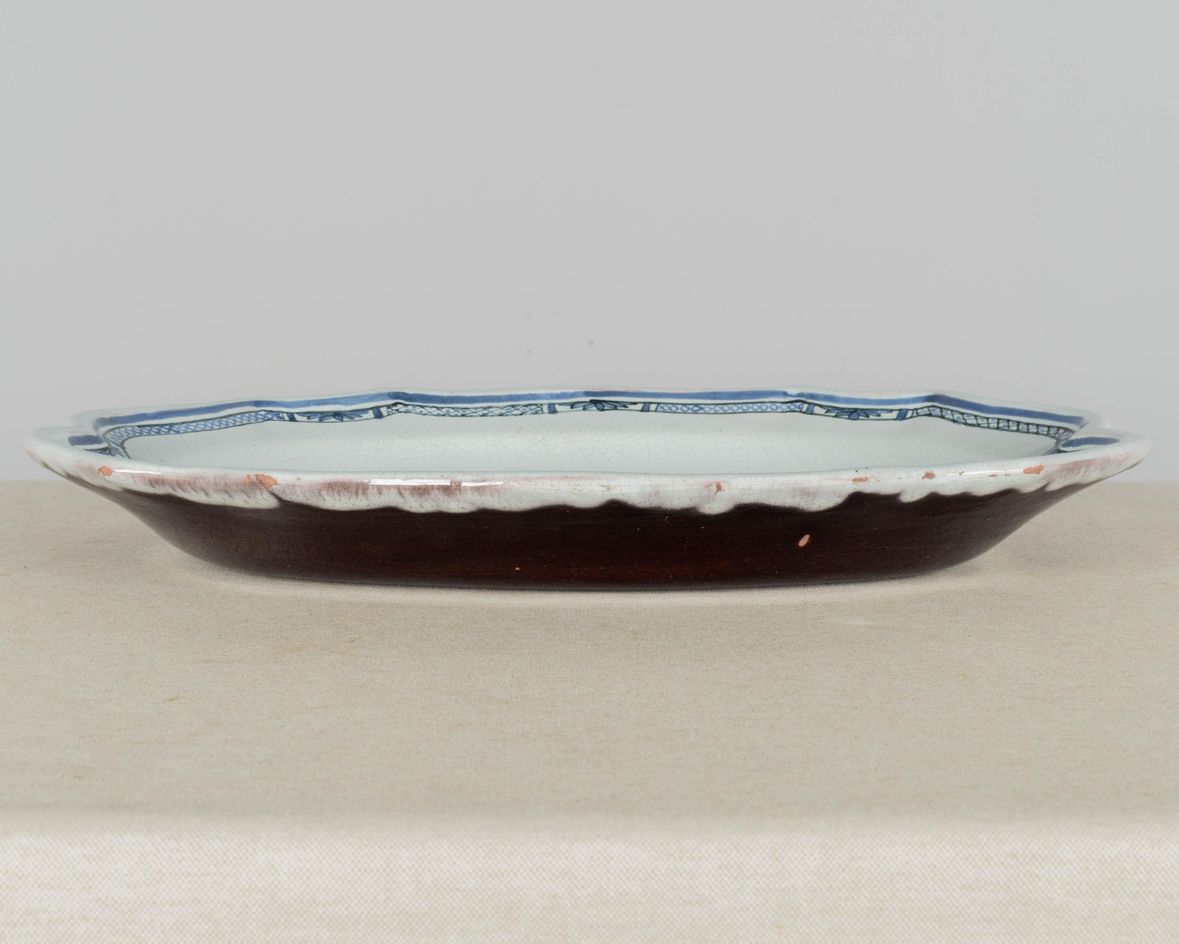 Hand-Painted 18th Century French Rouen Ceramic Oval Platter For Sale