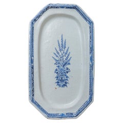 18th Century French Rouen Faience Octagonal Platter with Blue Floral Decoration