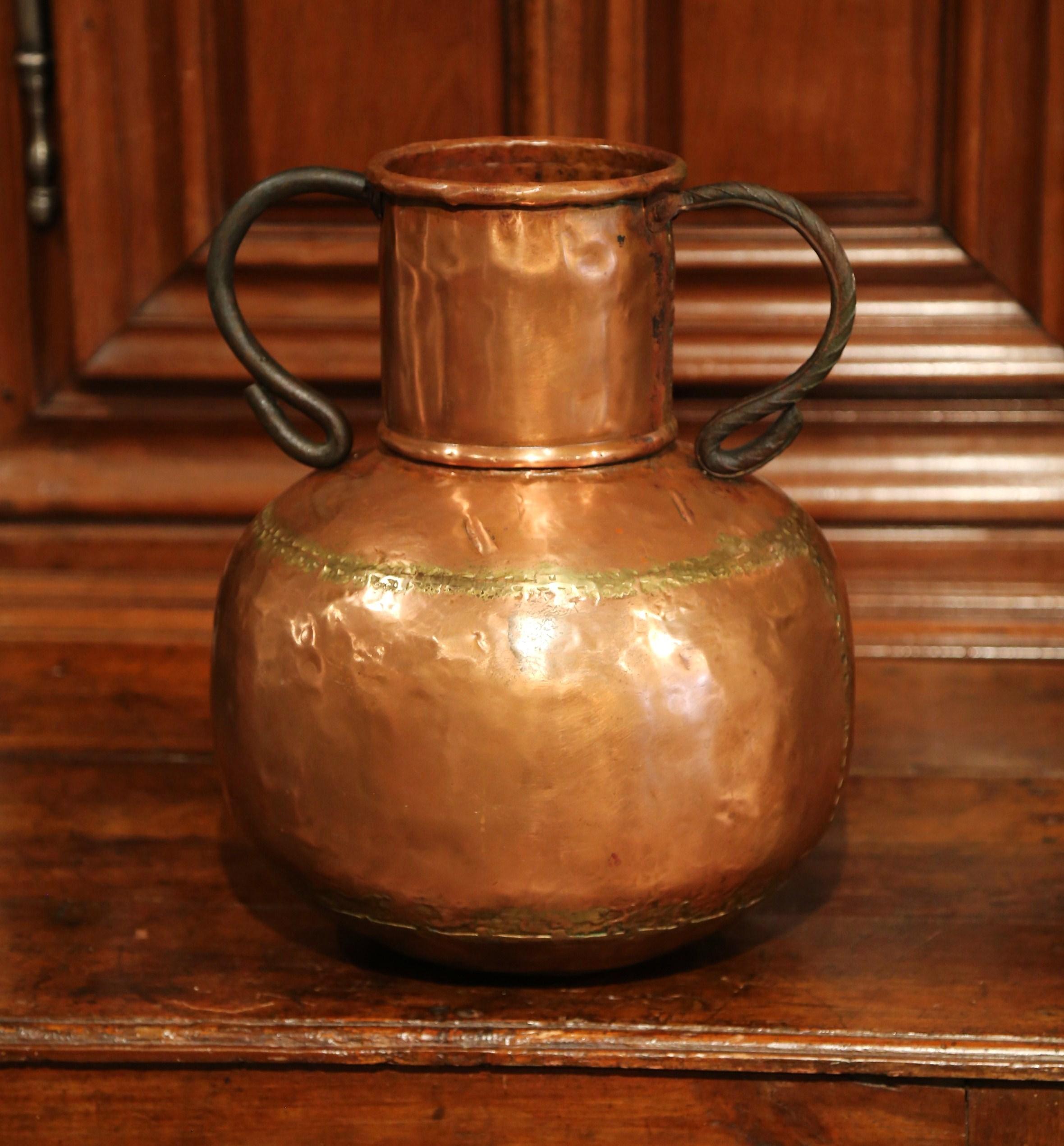 Forged 18th Century French Round Copper Vase and Iron Handles