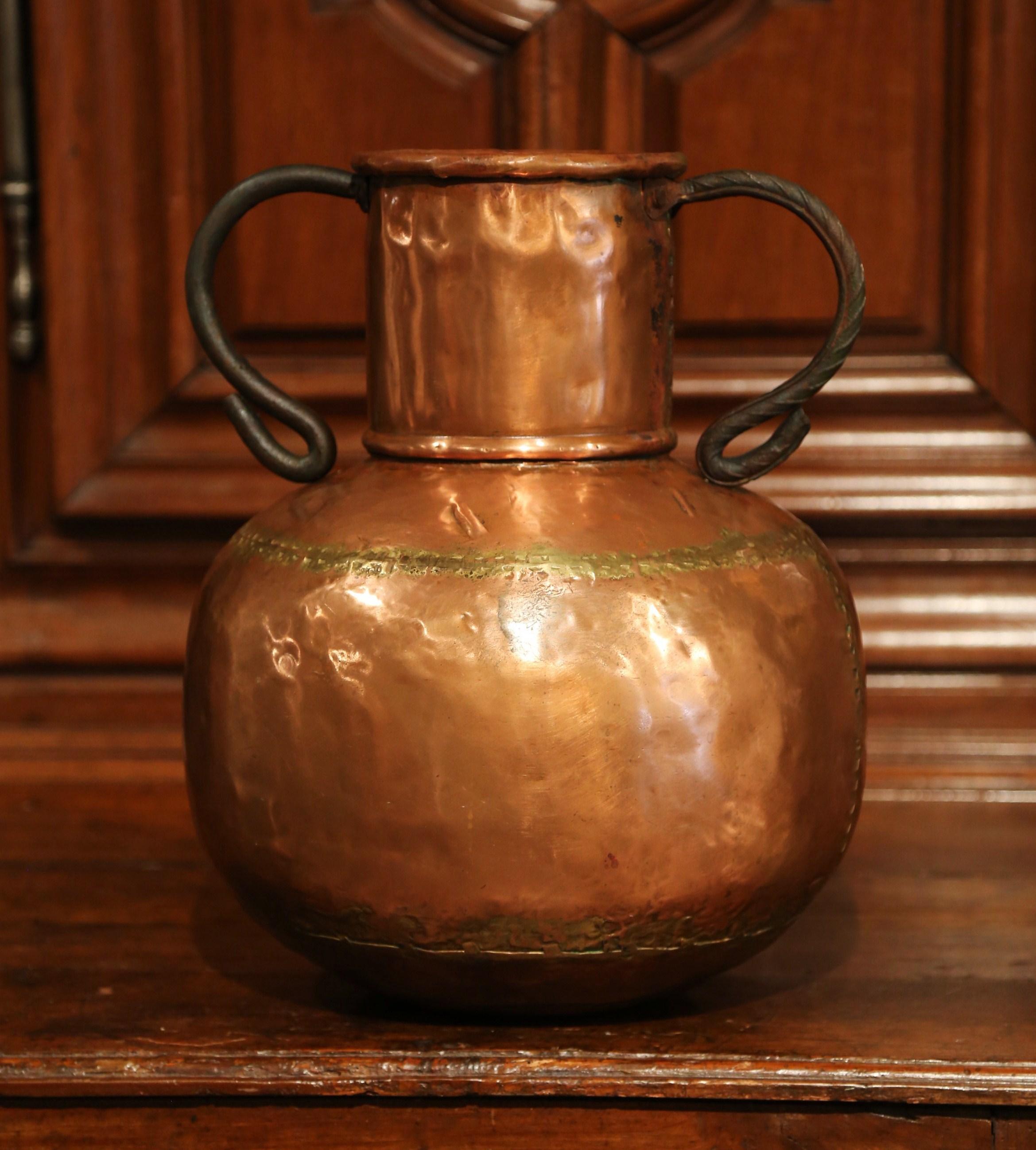 18th Century French Round Copper Vase and Iron Handles 1