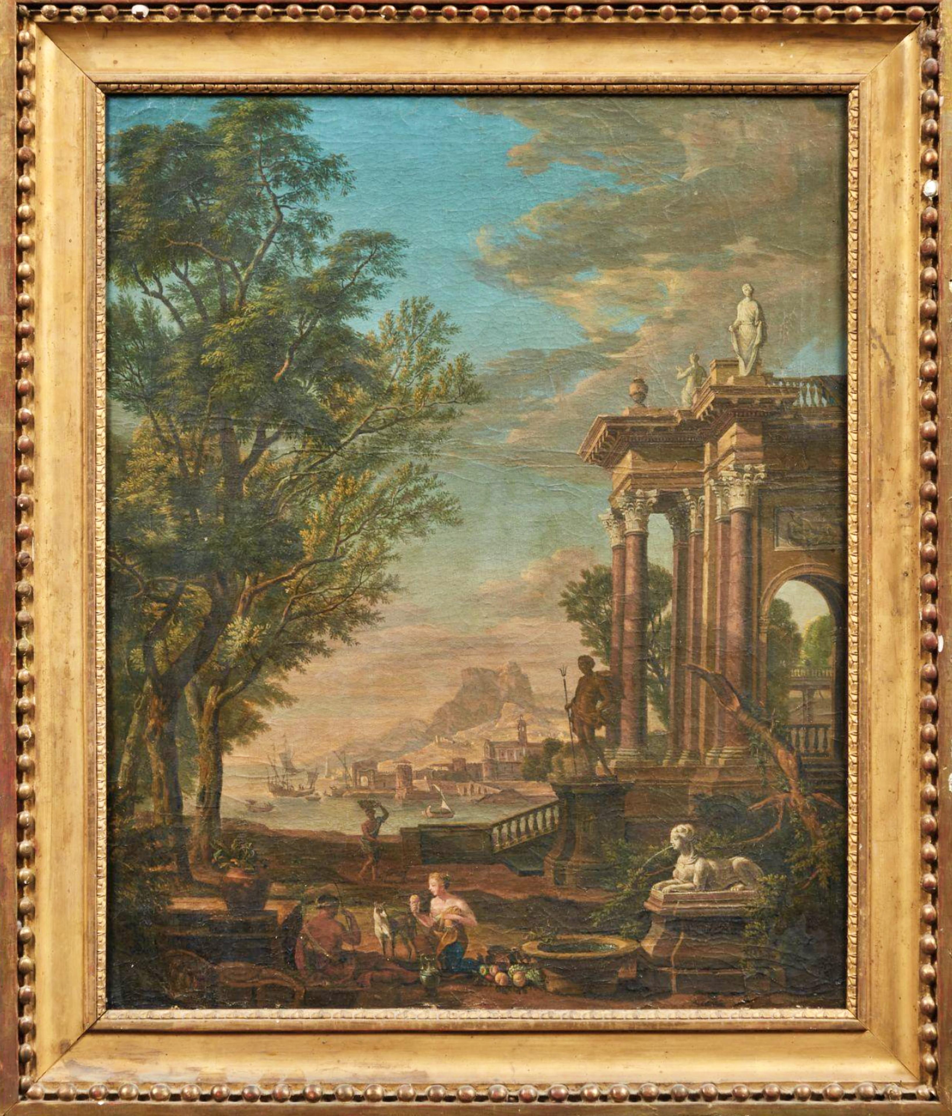 18th century French School, after I. de Moucheron, 
Landscape with a Fountain, 
canvas, monogrammed lower right «JBF», 
with restorations
67 x 55 CM - 26,4 x 21,7 IN.
good condition